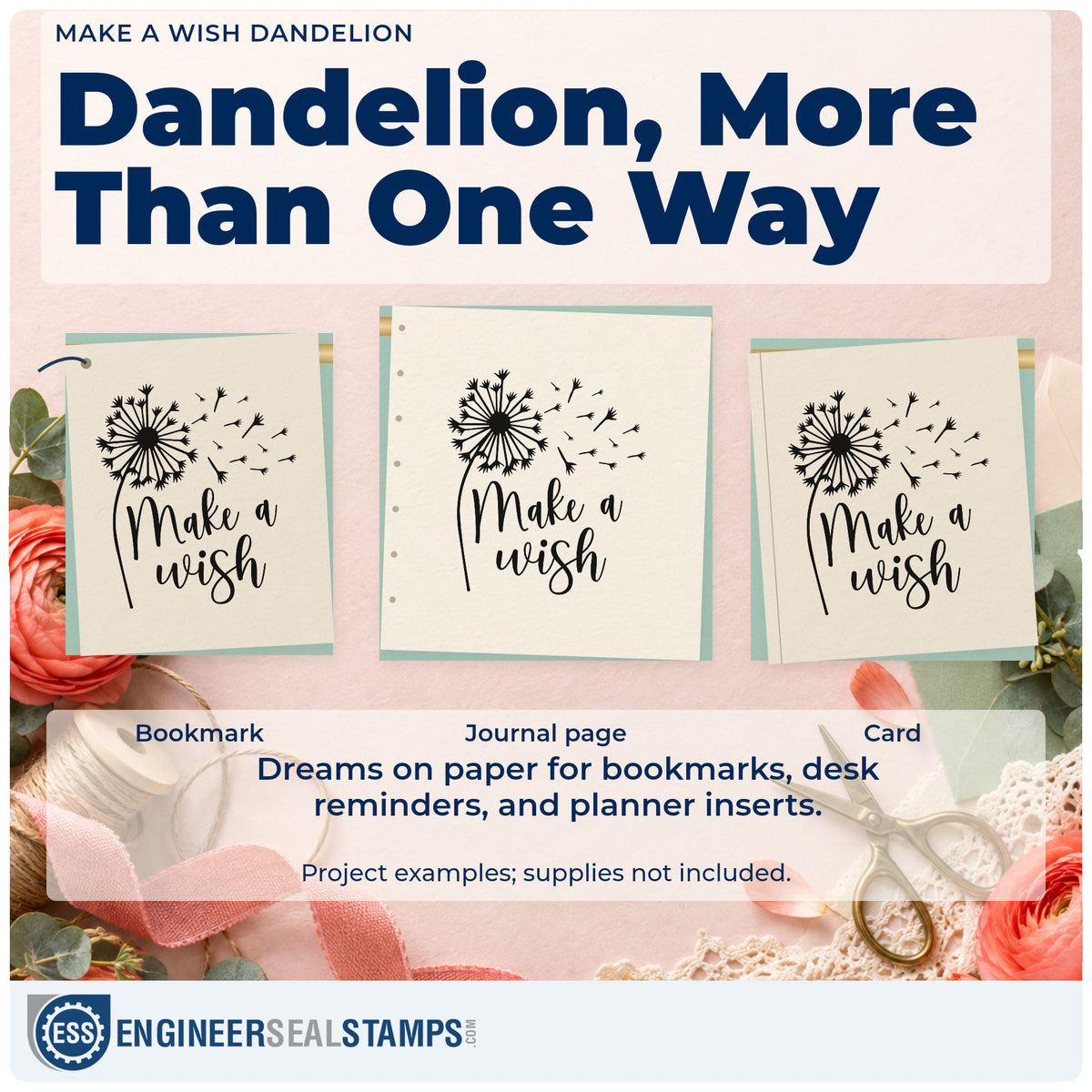 Three project examples made with the Make A Wish Dandelion PSI Pre-Inked Stamp, including bucket list sheet.