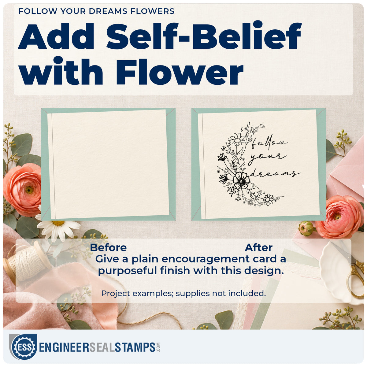 Before and after of a plain item finished with the Follow Your Dreams Flowers Duo Hand Stamp, a quick upgrade for framed studio window.