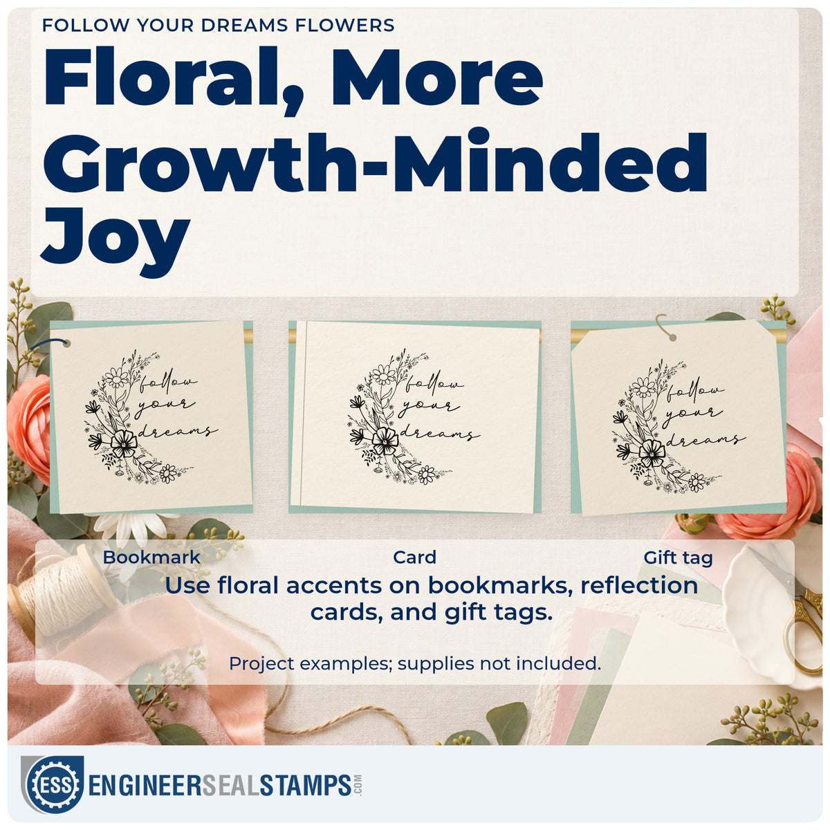Three project examples made with the Follow Your Dreams Flowers Rubber Stamp – Wood Handle, including study plan sheet.