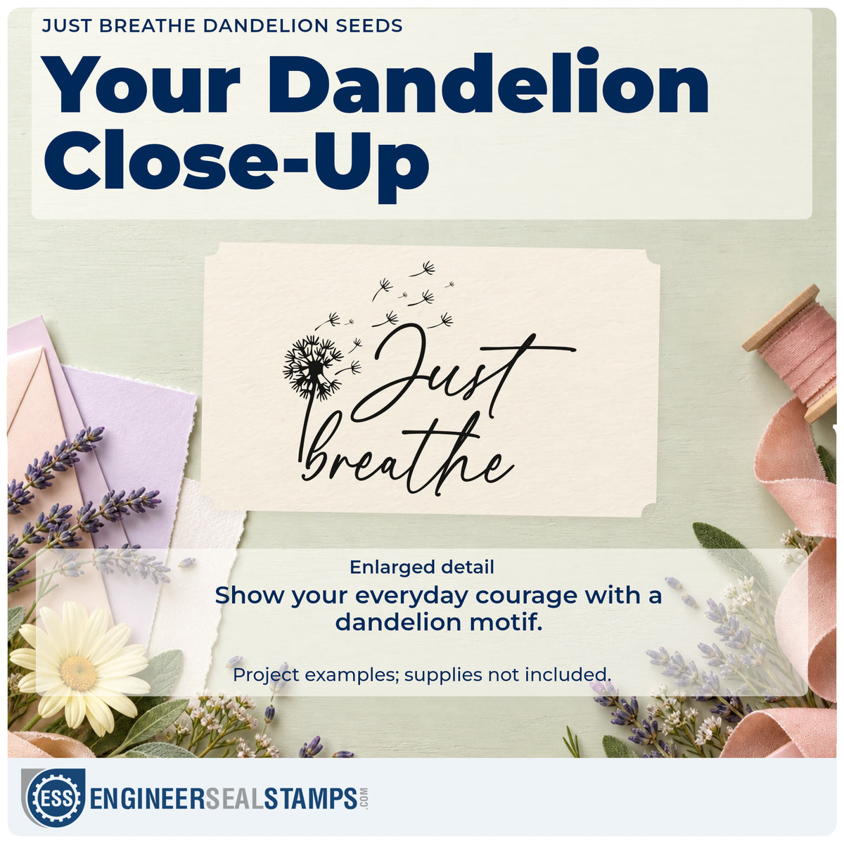 Enlarged detail of the Just Breathe Dandelion Seeds Script Lettering Rubber Stamp – Duo Hand imprint. Just breathe appears in flowing script beside a dandelion with floating seeds.