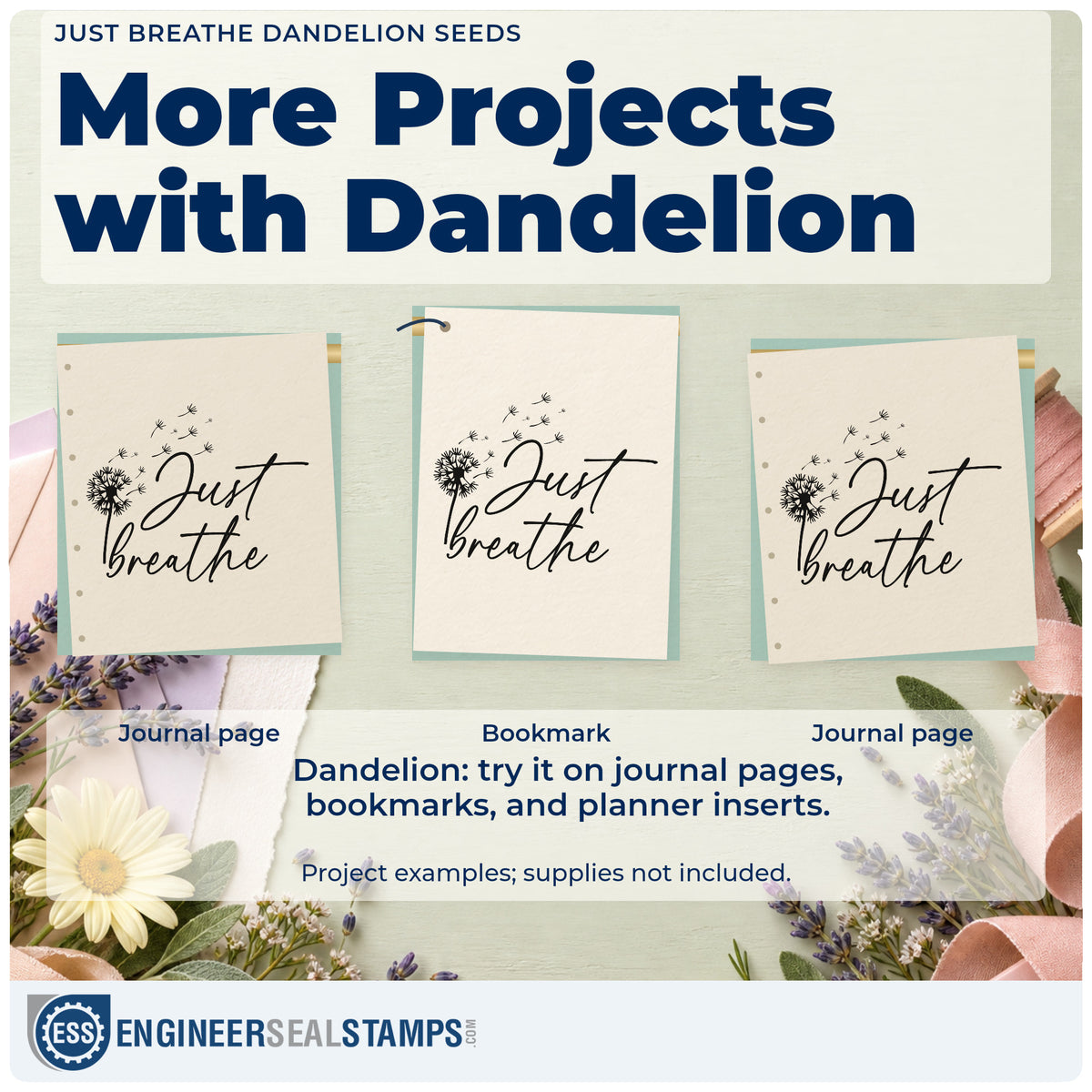 Three project examples made with the Just Breathe Dandelion Seeds Script Lettering Rubber Stamp – Duo Hand, including dive log sheet.