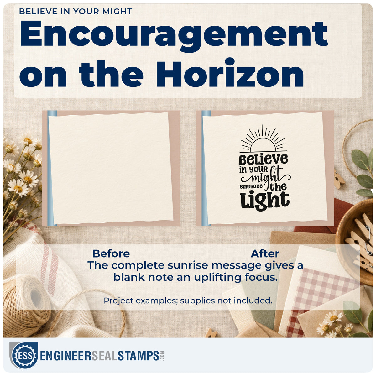 Before and after of a plain item finished with the Embrace The Light Rising Sun Premium Wooden Stamp – Vintage Pro, a quick upgrade for framed keeper room.
