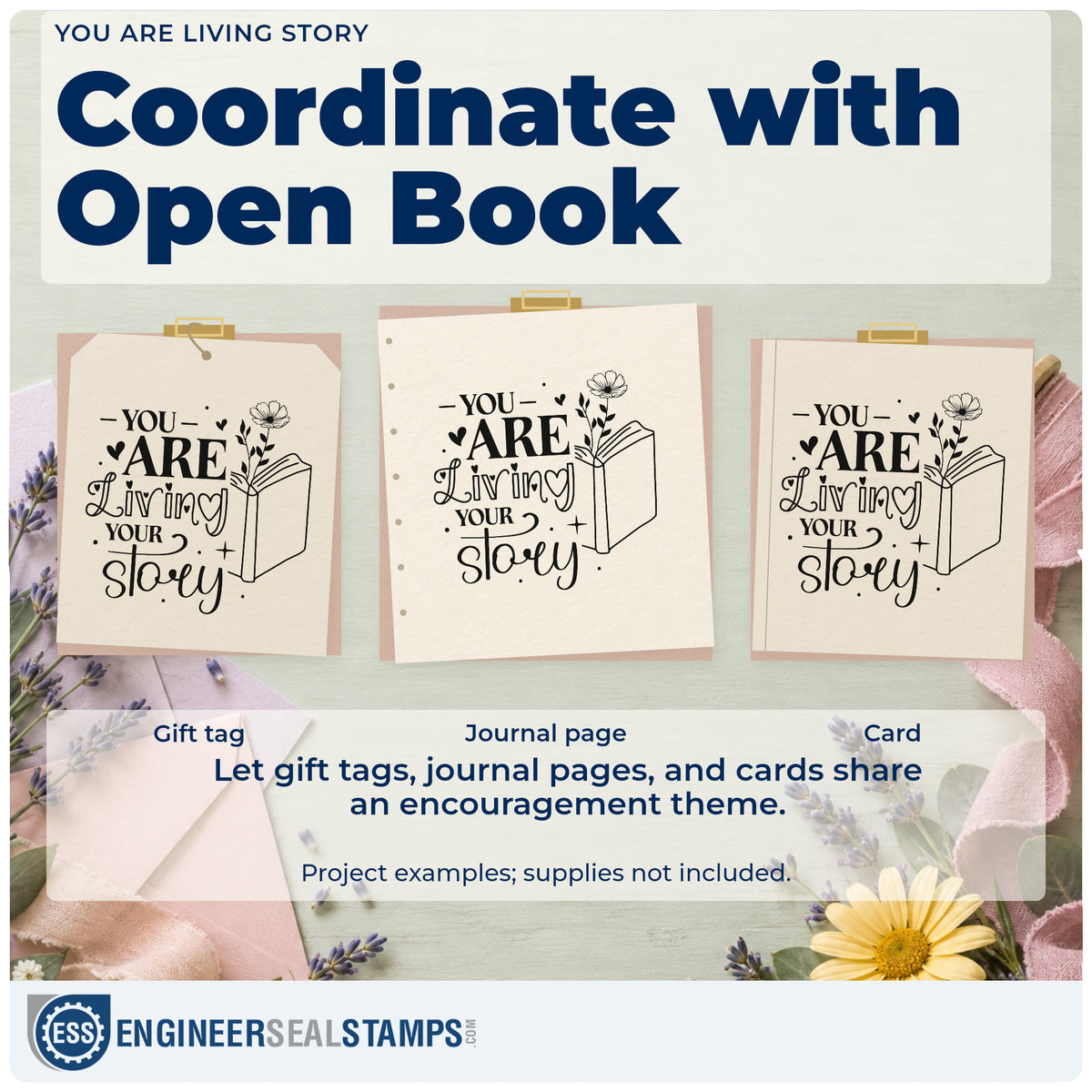 Three project examples made with the You Are Living Story Rubber Stamp – Wood Handle, including chapter order sheet.