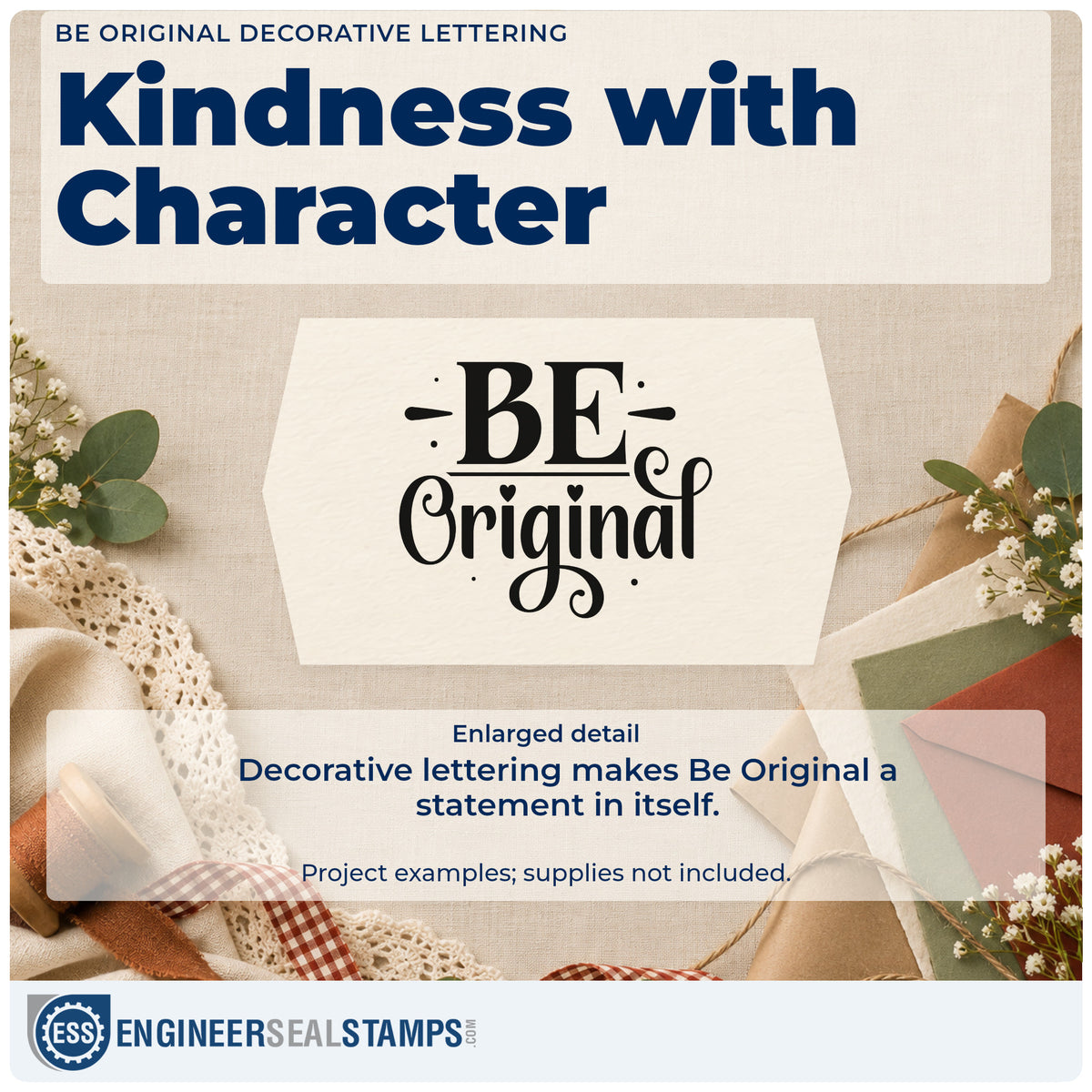 Enlarged detail of the Be Original Decorative Lettering Rubber Stamp – Wood Handle imprint. BE Original appears in bold decorative lettering with dots and short accent lines.