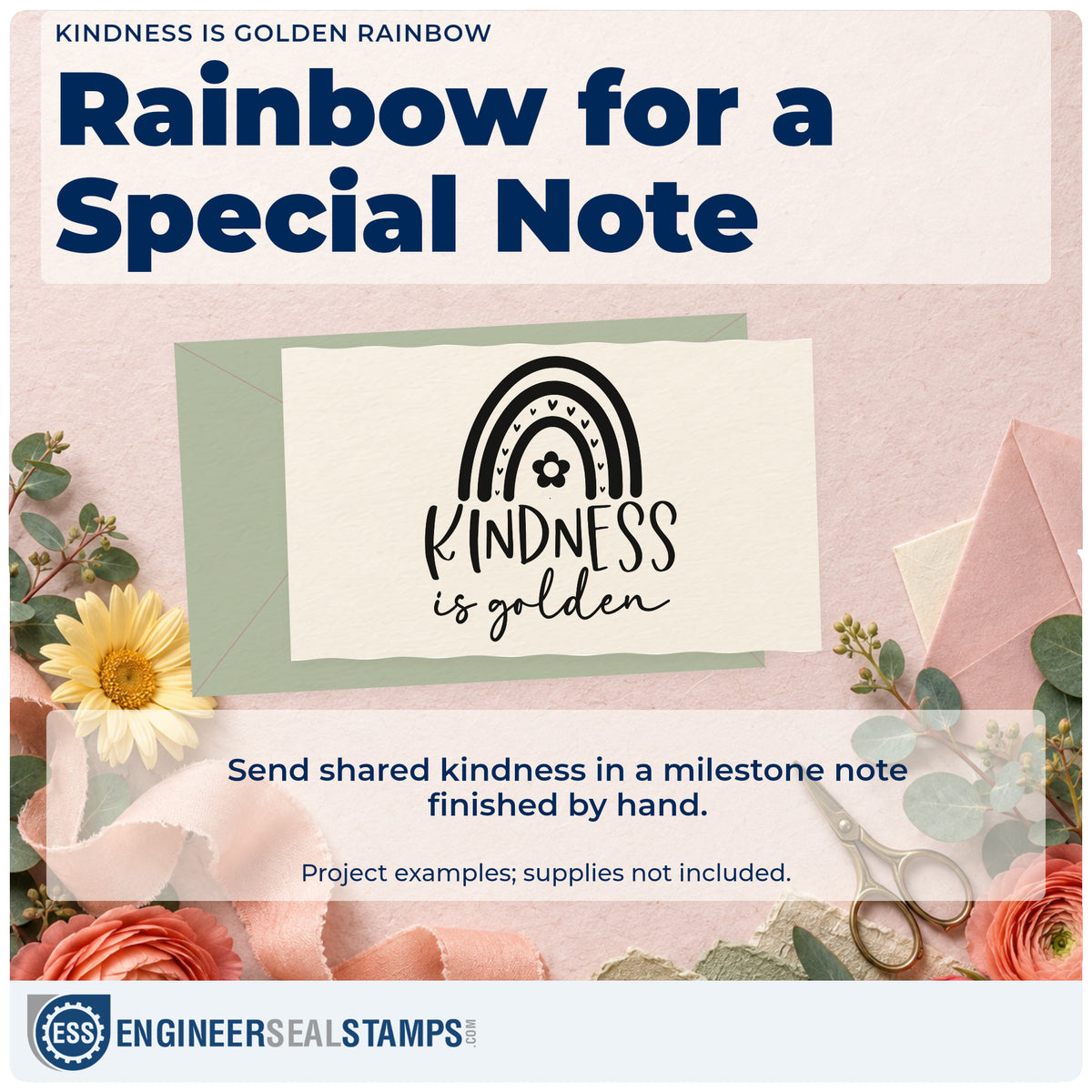 A finished handmade project stamped with the Kindness Is Golden Rainbow Floral Accents Stamp – PSI Pre-Inked, ideal for first cut album page.