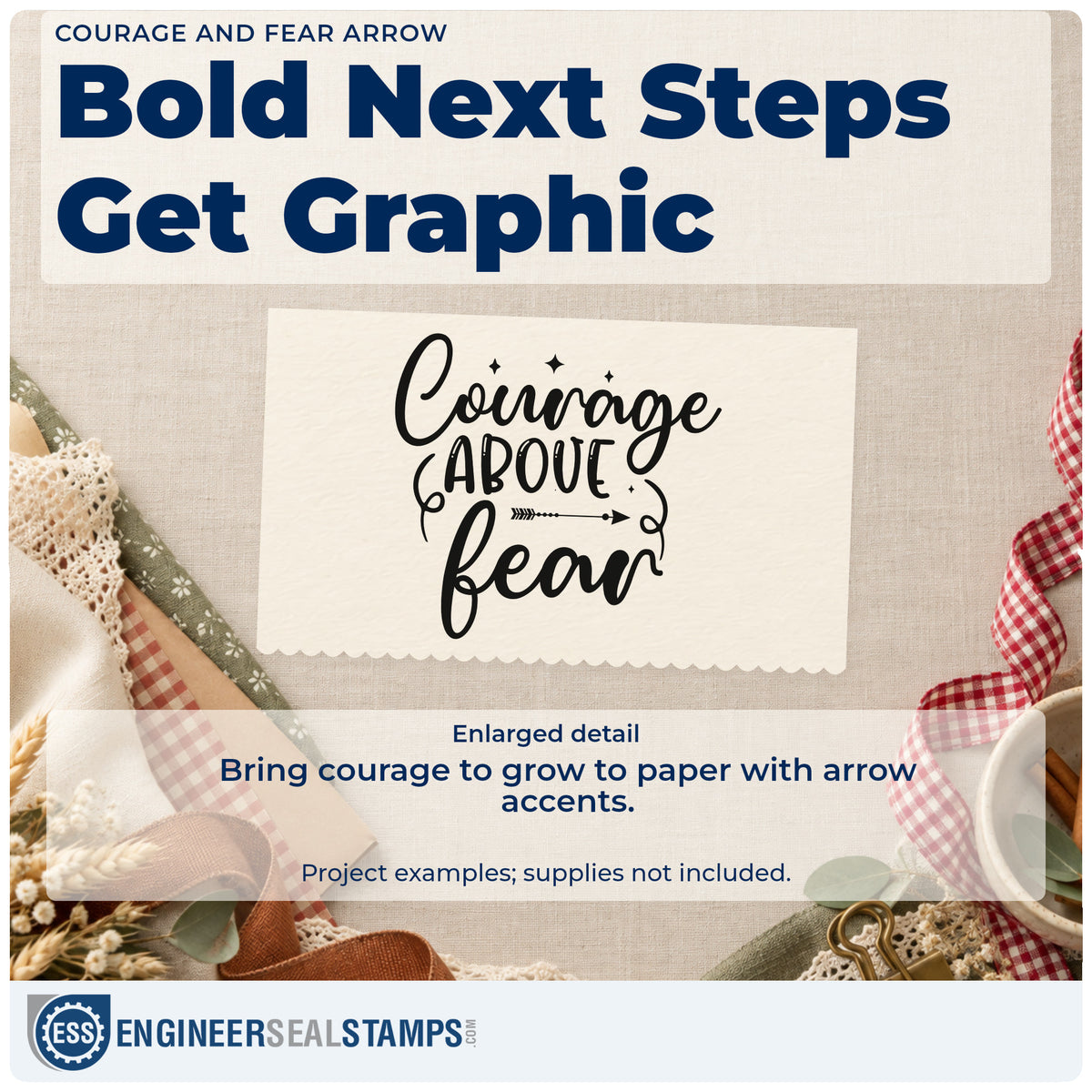 Enlarged detail of the Courage Fear Script With Sparkles Hand Stamp – Duo imprint. Large "Courage" and "fear" script surrounds narrow central lettering and an arrow, with sparkles and curled flourishes.