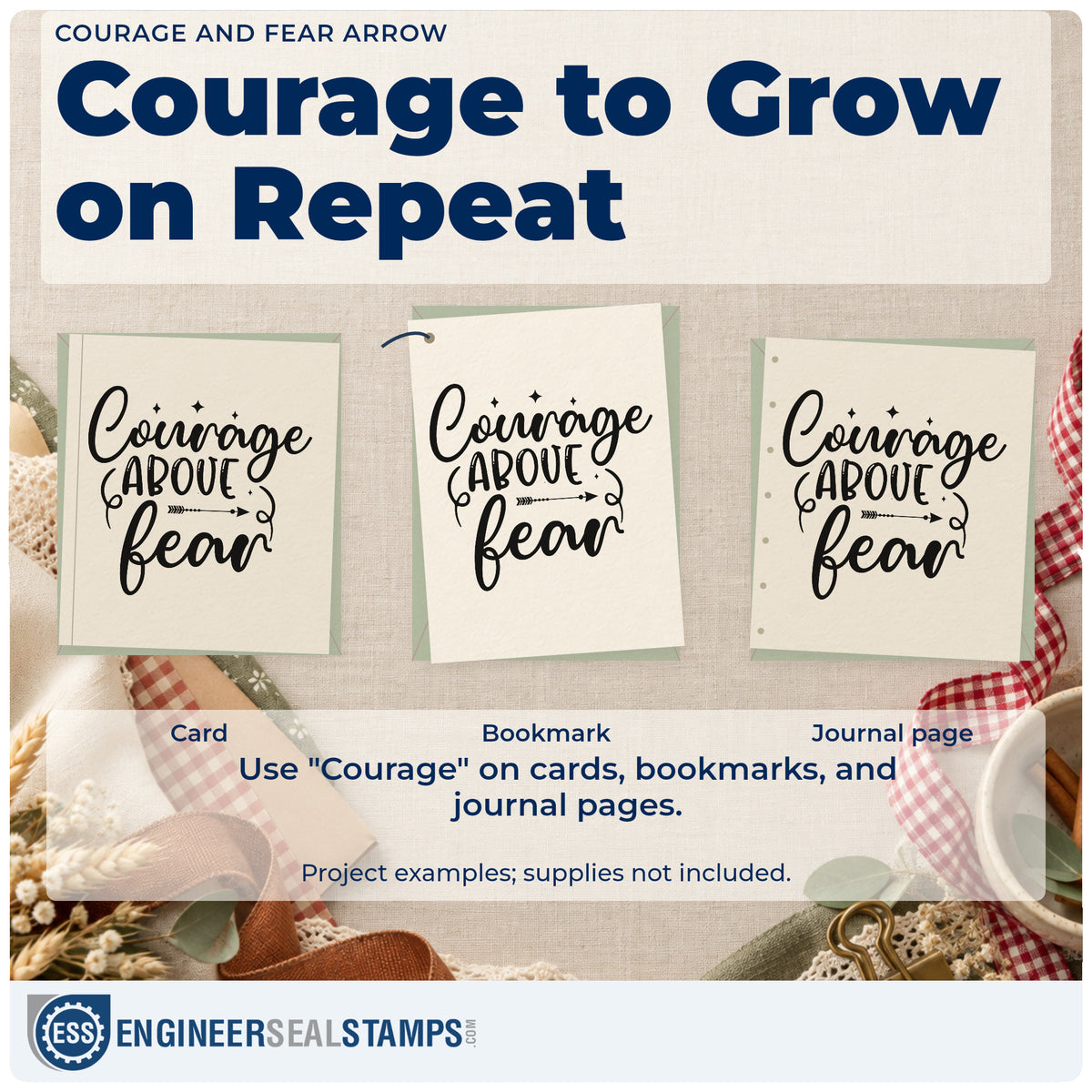 Three project examples made with the Courage Fear Script With Sparkles Hand Stamp – Duo, including morning step sheet.