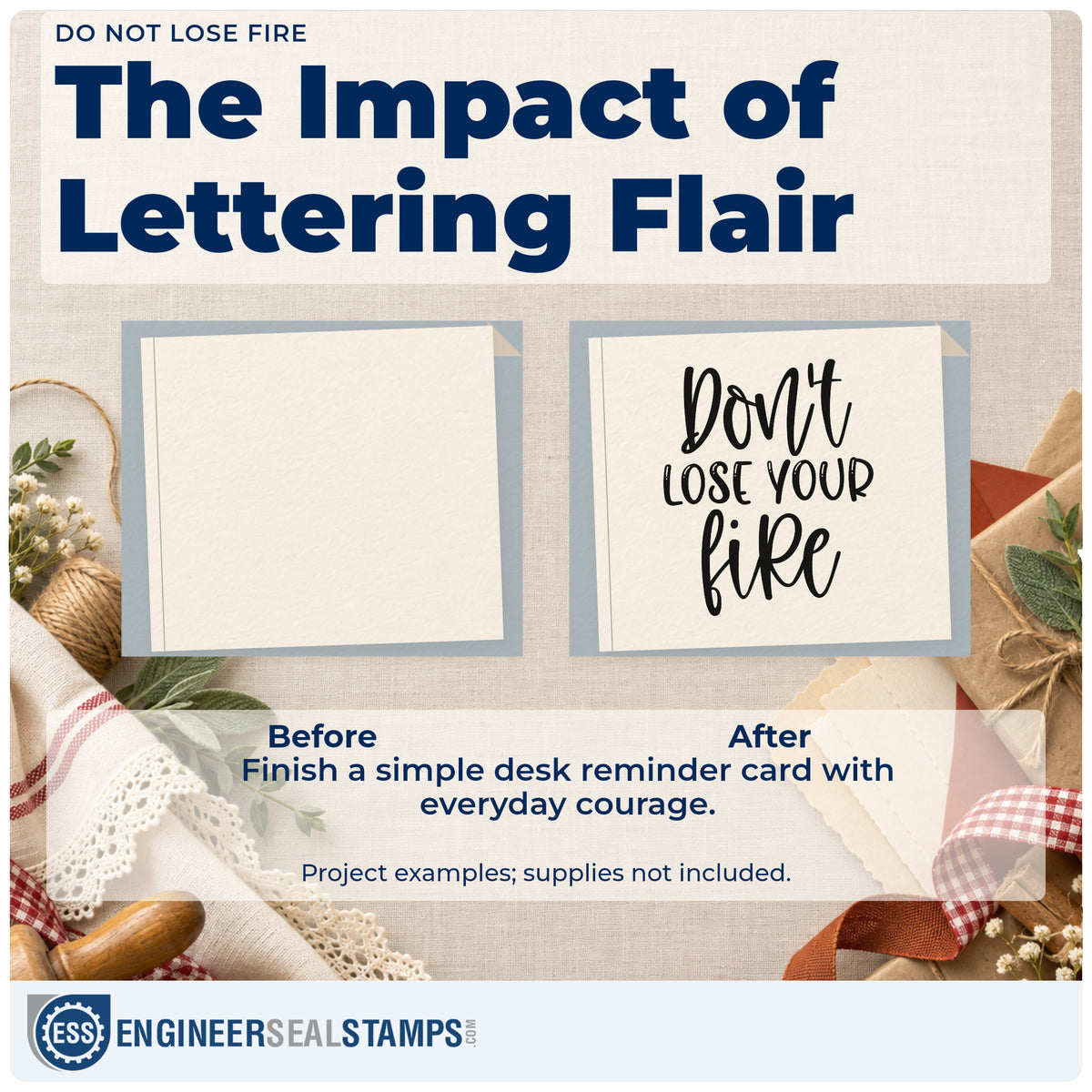 Before and after of a plain item finished with the Don't Lose Your Fire Compact Pre-Inked Stamp – Slim, a quick upgrade for framed trailer side.