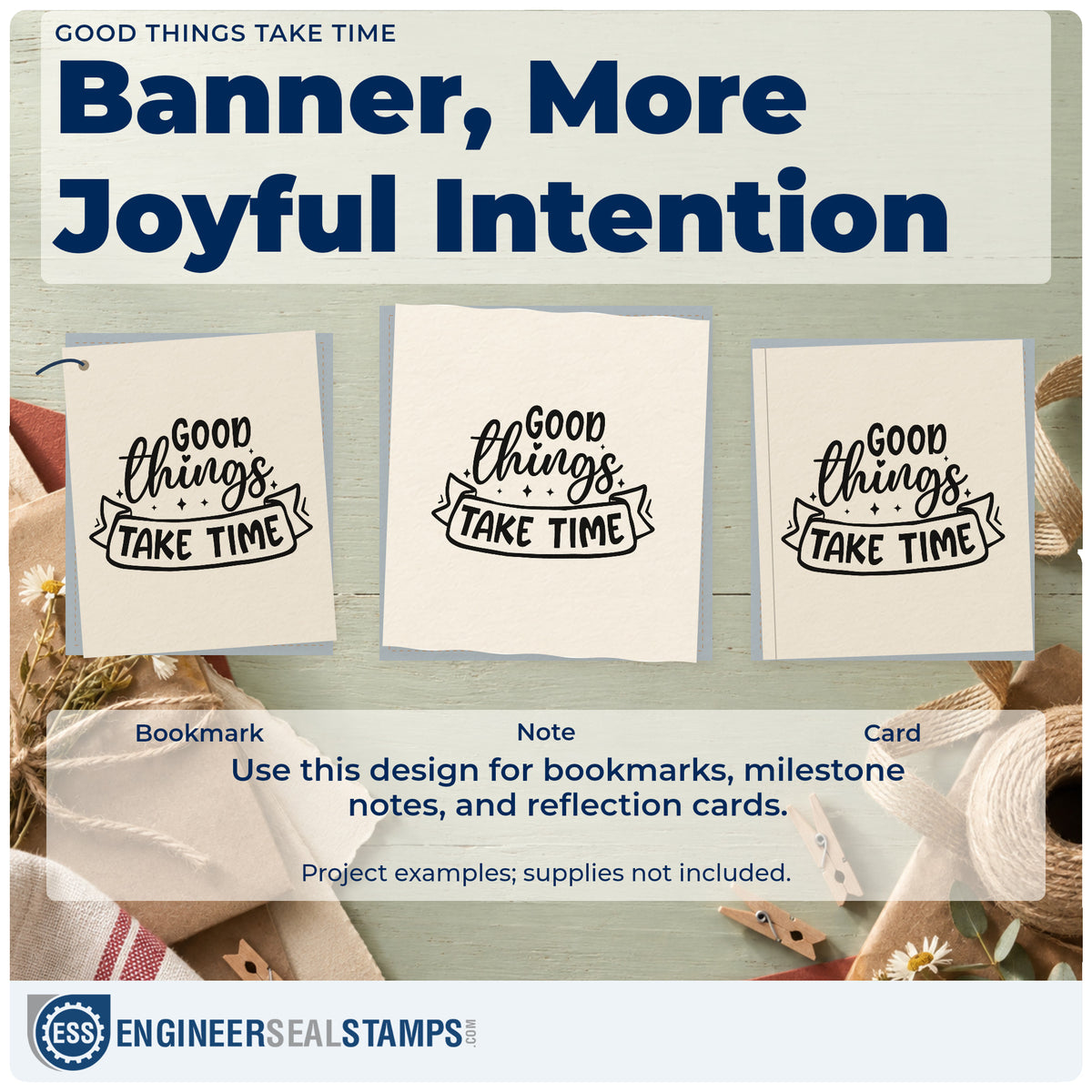 Three project examples made with the Good Things Take Time With Sparkles Stamp – Self-Inking, including affinage log sheet.