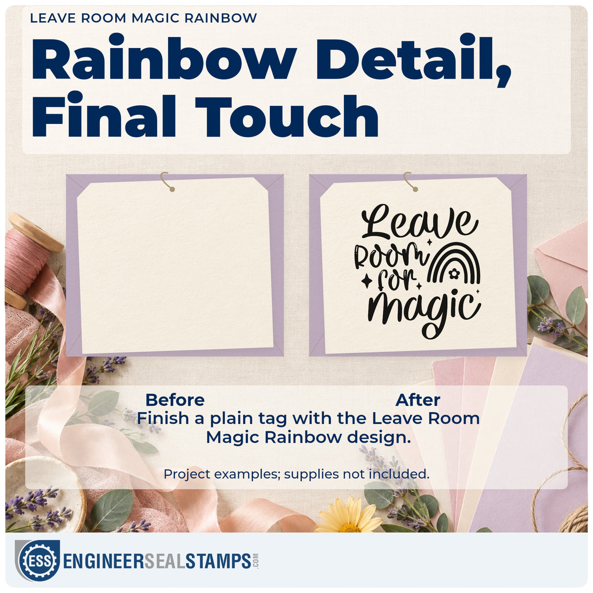 Before and after of a plain item finished with the Leave Room Magic Rainbow Duo Hand Stamp, a quick upgrade for framed breakfast nook.