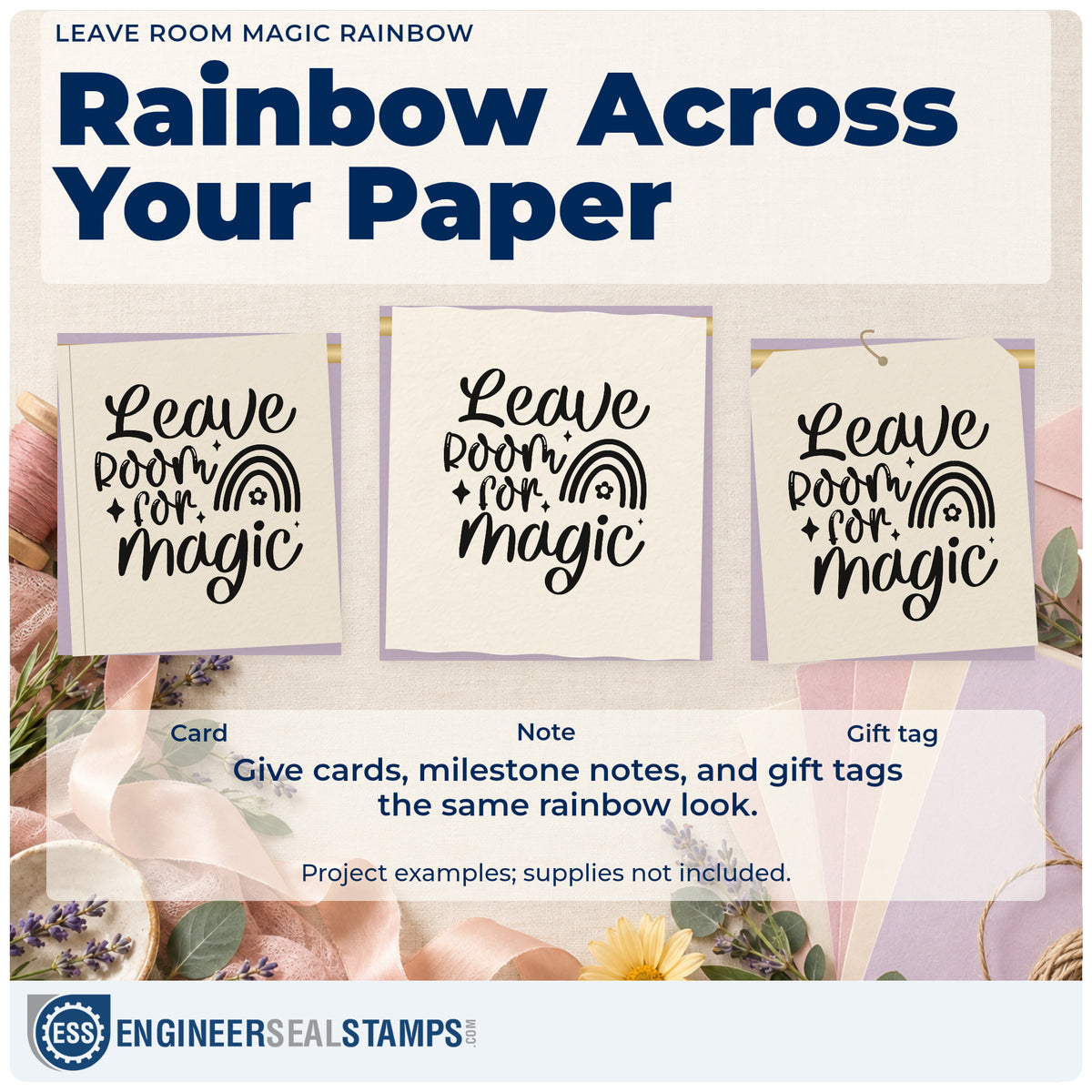 Three project examples made with the Leave Room Magic Rainbow Duo Hand Stamp, including morning plan sheet.