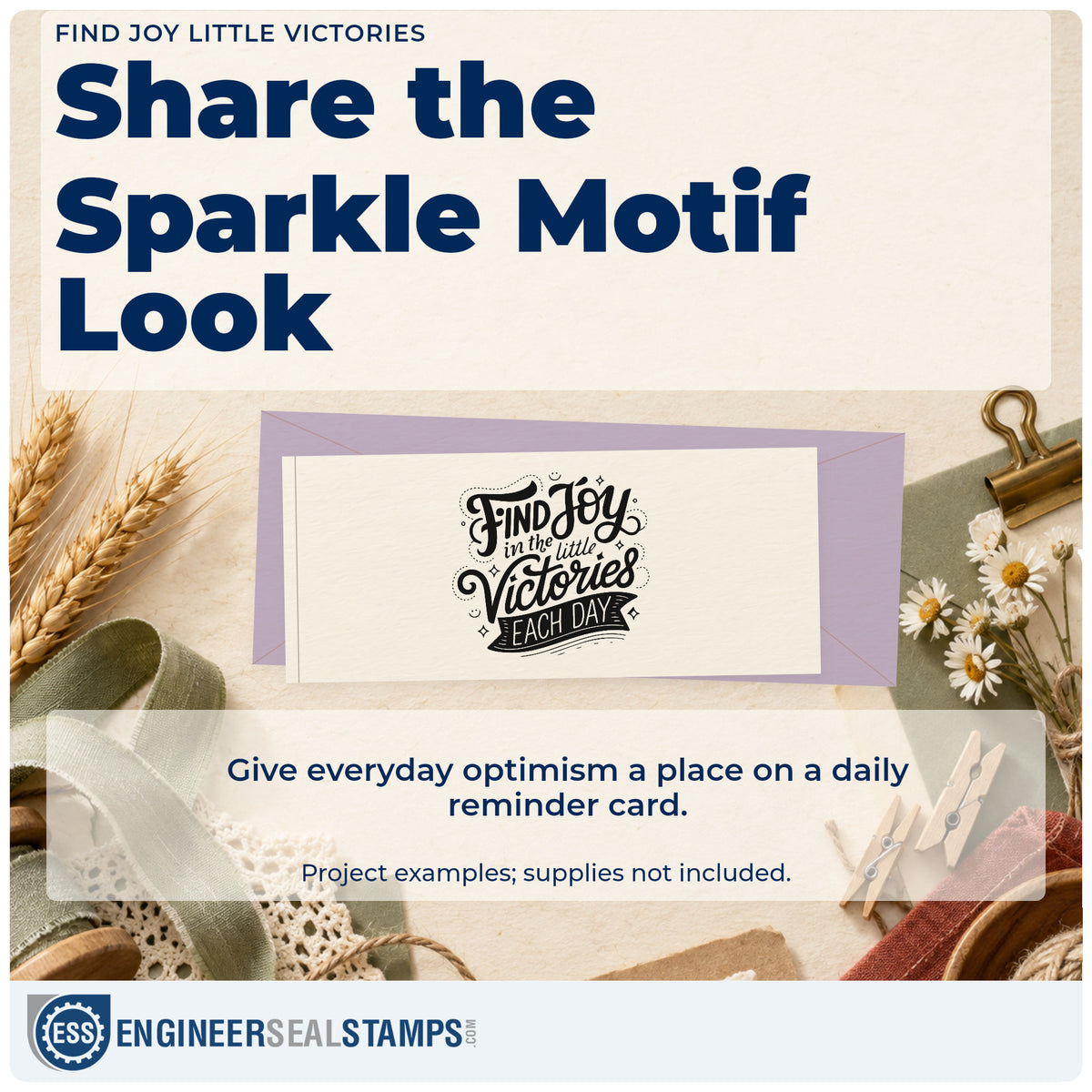 A finished handmade project stamped with the Find Joy Little Victories Premium Wood-Mounted Stamp – Vintage Pro, ideal for class term album page.