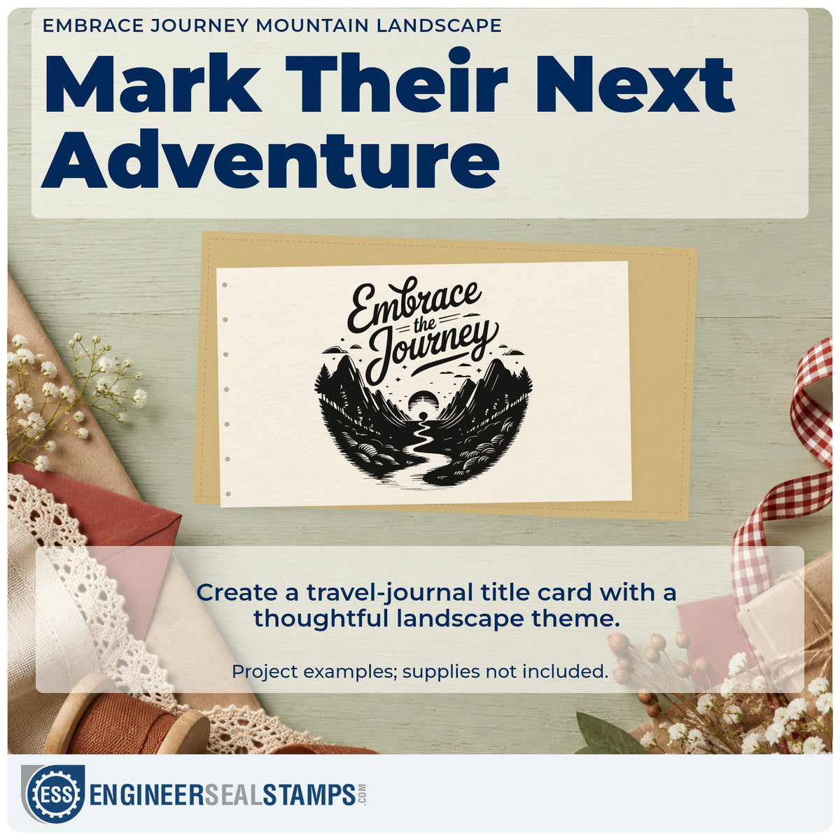 A finished handmade project stamped with the Embrace Journey Mountain Landscape Premium Wooden Stamp – Vintage Pro, ideal for park trip album page.