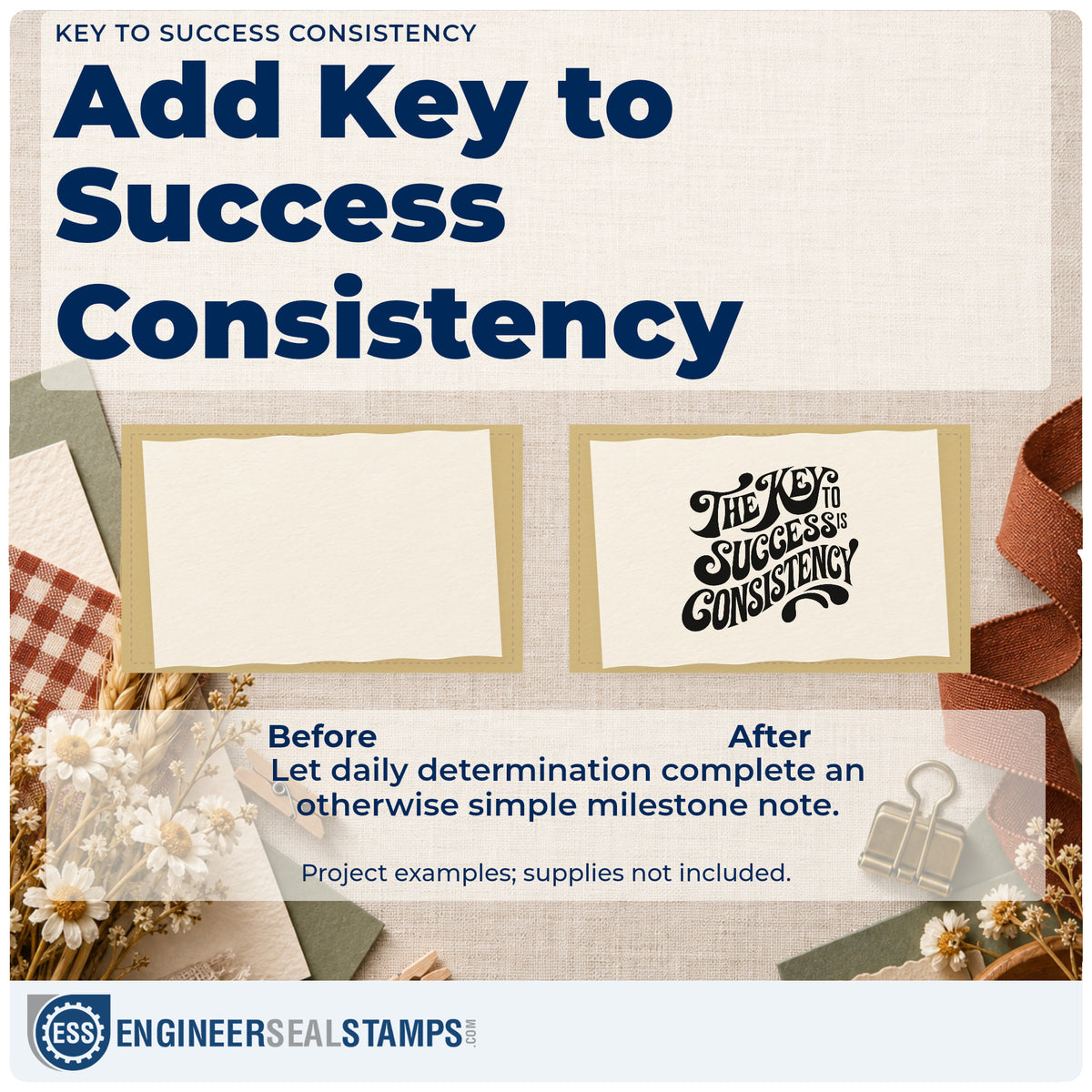 Before and after of a plain item finished with the Key To Success Consistency Premium Wood-Mounted Stamp – Vintage Pro, a quick upgrade for framed home desk.