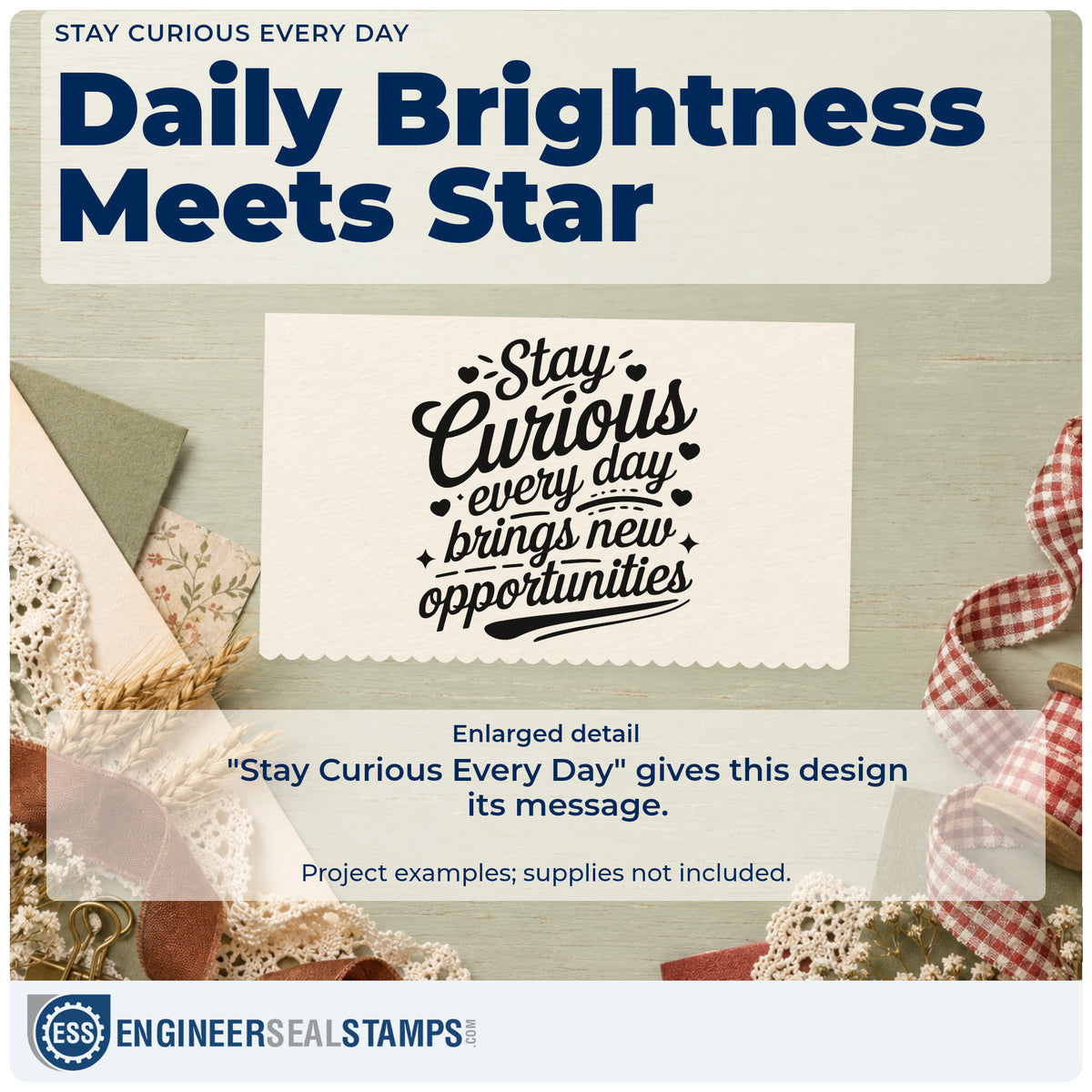 Enlarged detail of the Stay Curious Every Day Premium Wood-Mounted Stamp – Vintage Pro imprint. Stay Curious every day brings new opportunities appears with hearts, sparkles, and underlines.