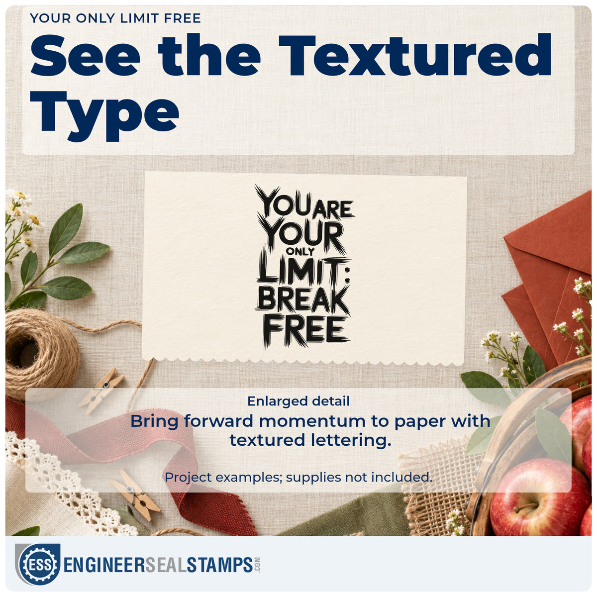 Enlarged detail of the You Are Your Only Limit Break Free Stamp – Duo Hand imprint. YOU ARE YOUR ONLY LIMIT BREAK FREE appears in rough brush lettering.