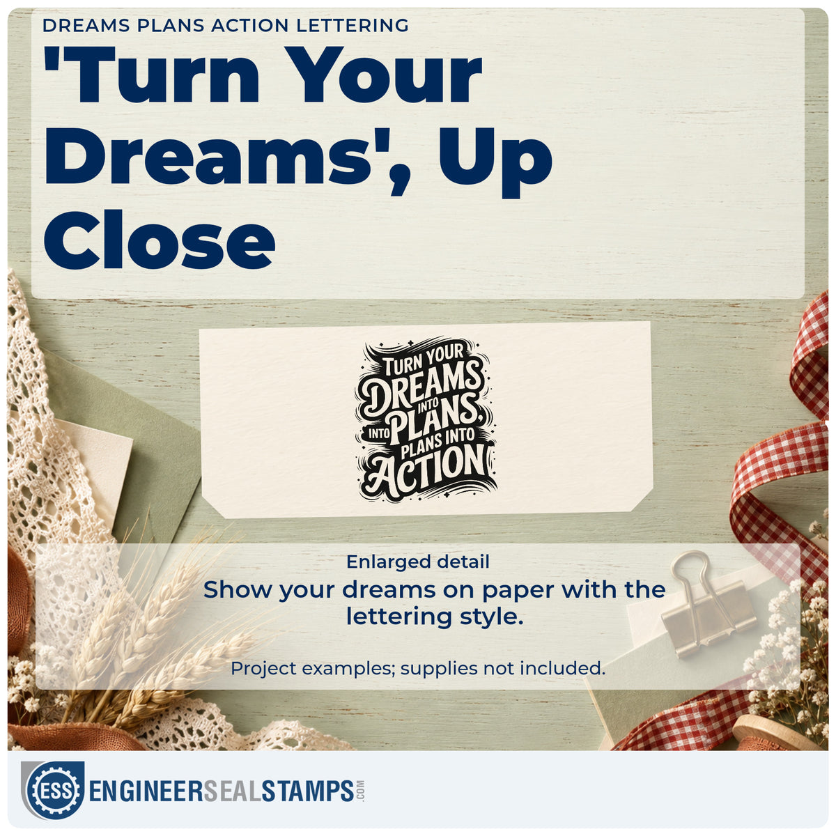 Enlarged detail of the Turn Your Dreams Decorative Word Art Slim Pre-Inked Stamp imprint. Ornate lettering shows "Turn your dreams" above "Plans" and "Action," with repeated "Into" and "Plans" text.