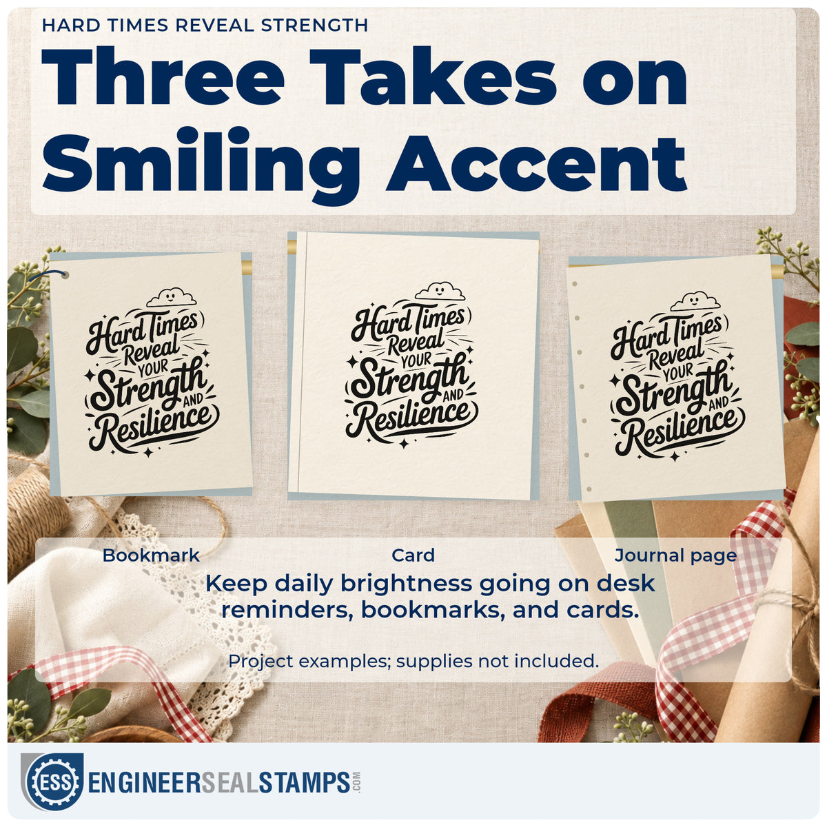 Three project examples made with the Hard Times Reveal Strength Hand Stamp – Duo, including cash plan sheet.
