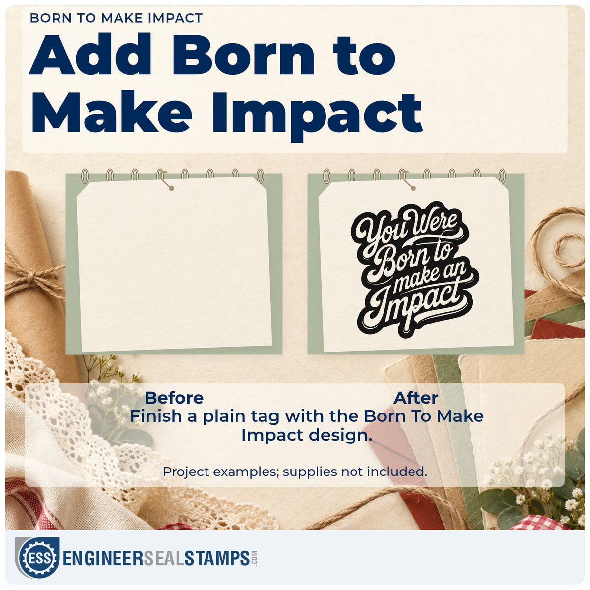 Before and after of a plain item finished with the You Were Born To Make An Impact Rubber Stamp – Duo Hand, a quick upgrade for framed hall entry.