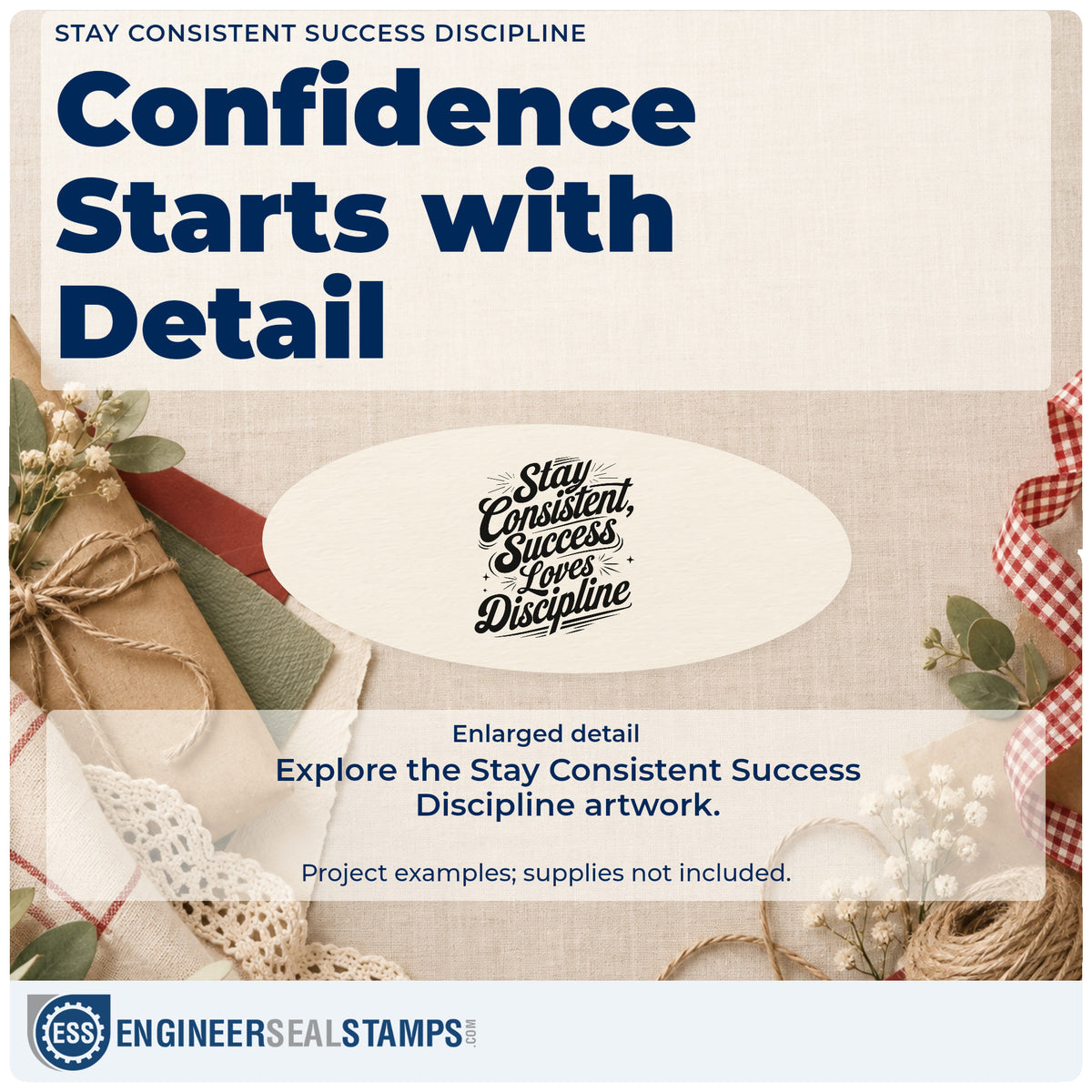 Enlarged detail of the Stay Consistent Success Discipline Premium Wooden Stamp – Vintage Pro imprint. Stay Consistent Success Loves Discipline appears in flowing script with small radiating marks.