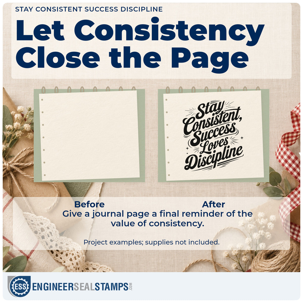 Before and after of a plain item finished with the Stay Consistent Success Discipline Premium Wooden Stamp – Vintage Pro, a quick upgrade for framed writing desk.