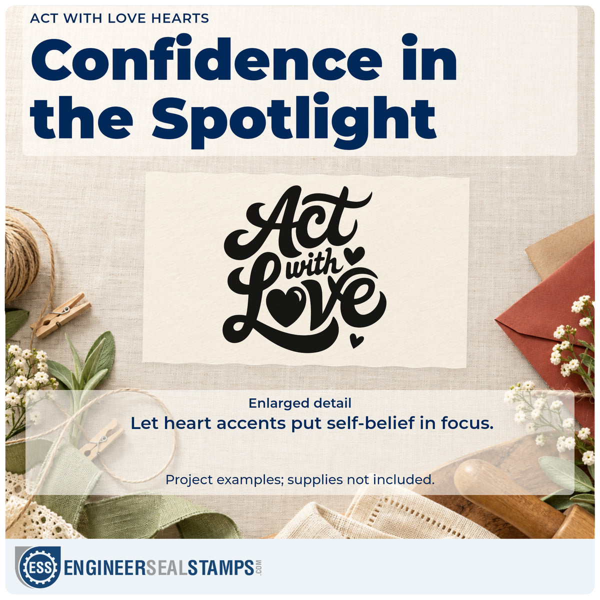 Enlarged detail of the Act With Love Hearts Premium Wood-Mounted Stamp – Vintage Pro imprint. Act with Love appears in bold flowing lettering with solid hearts.
