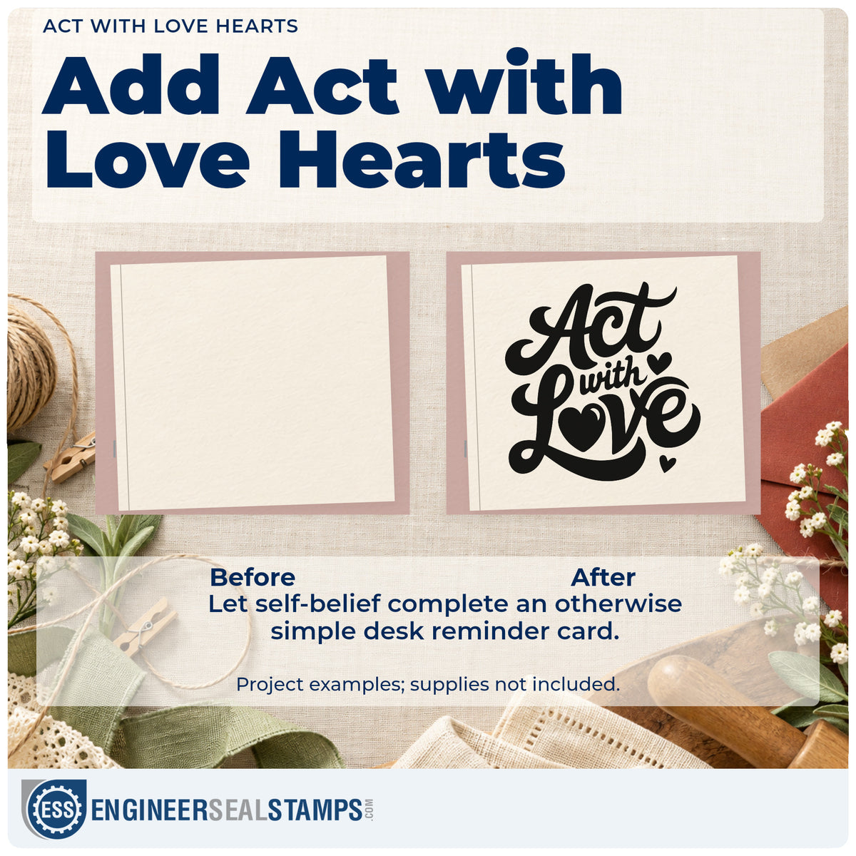 Before and after of a plain item finished with the Act With Love Hearts Premium Wood-Mounted Stamp – Vintage Pro, a quick upgrade for framed porch shelf.