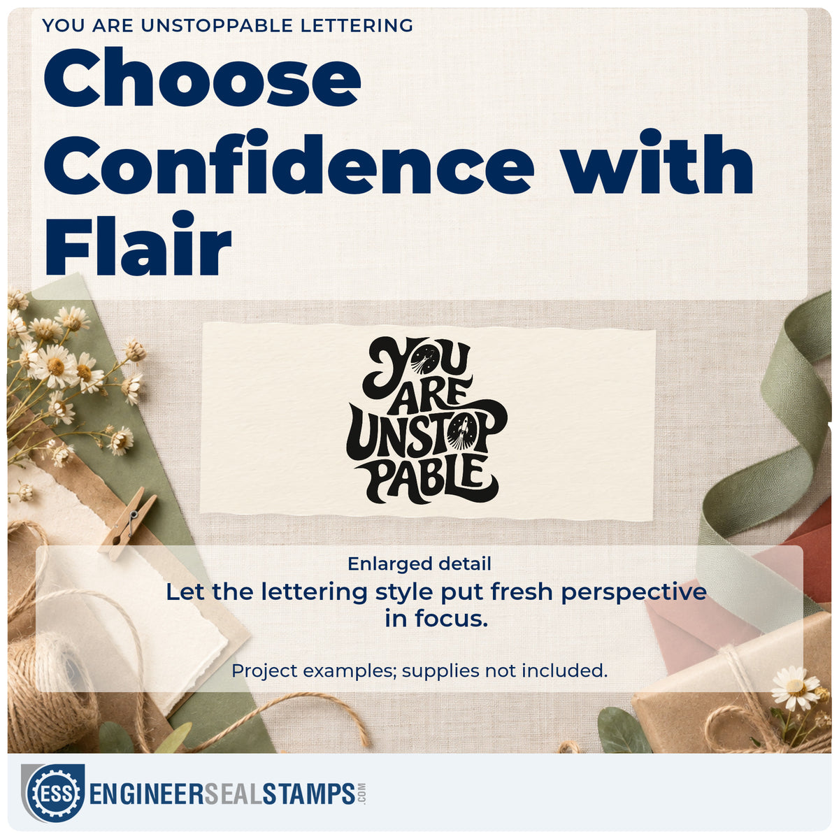 Enlarged detail of the Premium Wooden You Are Unstoppable Stamp – Vintage Pro imprint. YOU ARE UNSTOPPABLE appears in tightly stacked wavy bold lettering.