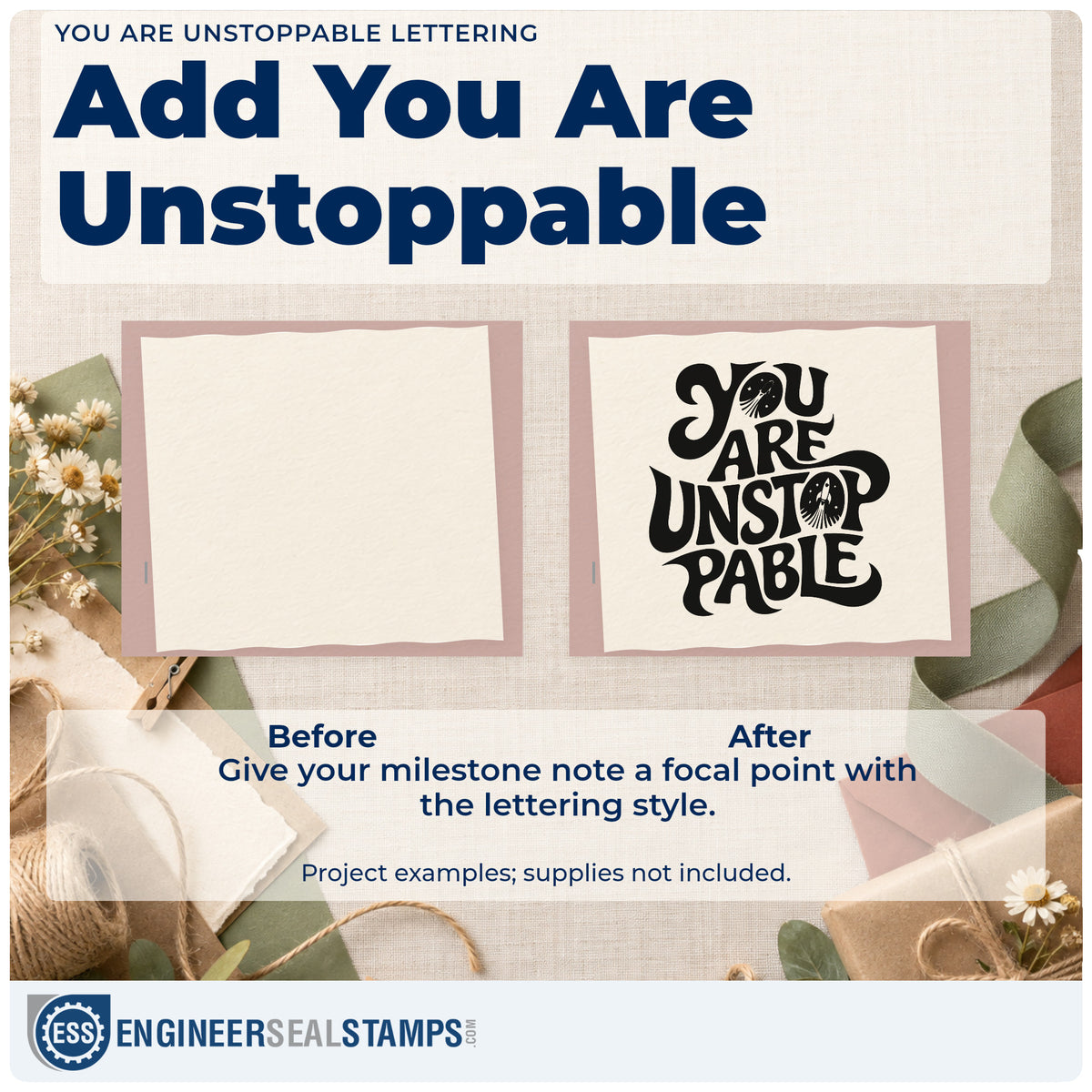 Before and after of a plain item finished with the You Are Unstoppable Rubber Stamp – Duo Hand, a quick upgrade for framed dressing room.