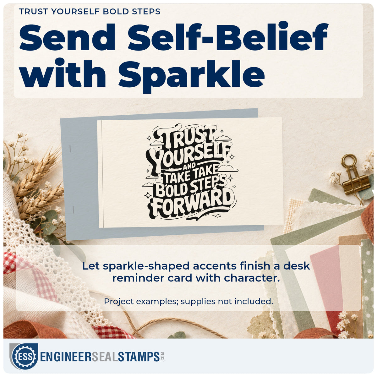 A finished handmade project stamped with the Trust Yourself Bold Steps With Sparkles Compact Pre-Inked Stamp – Slim, ideal for first ride album page.