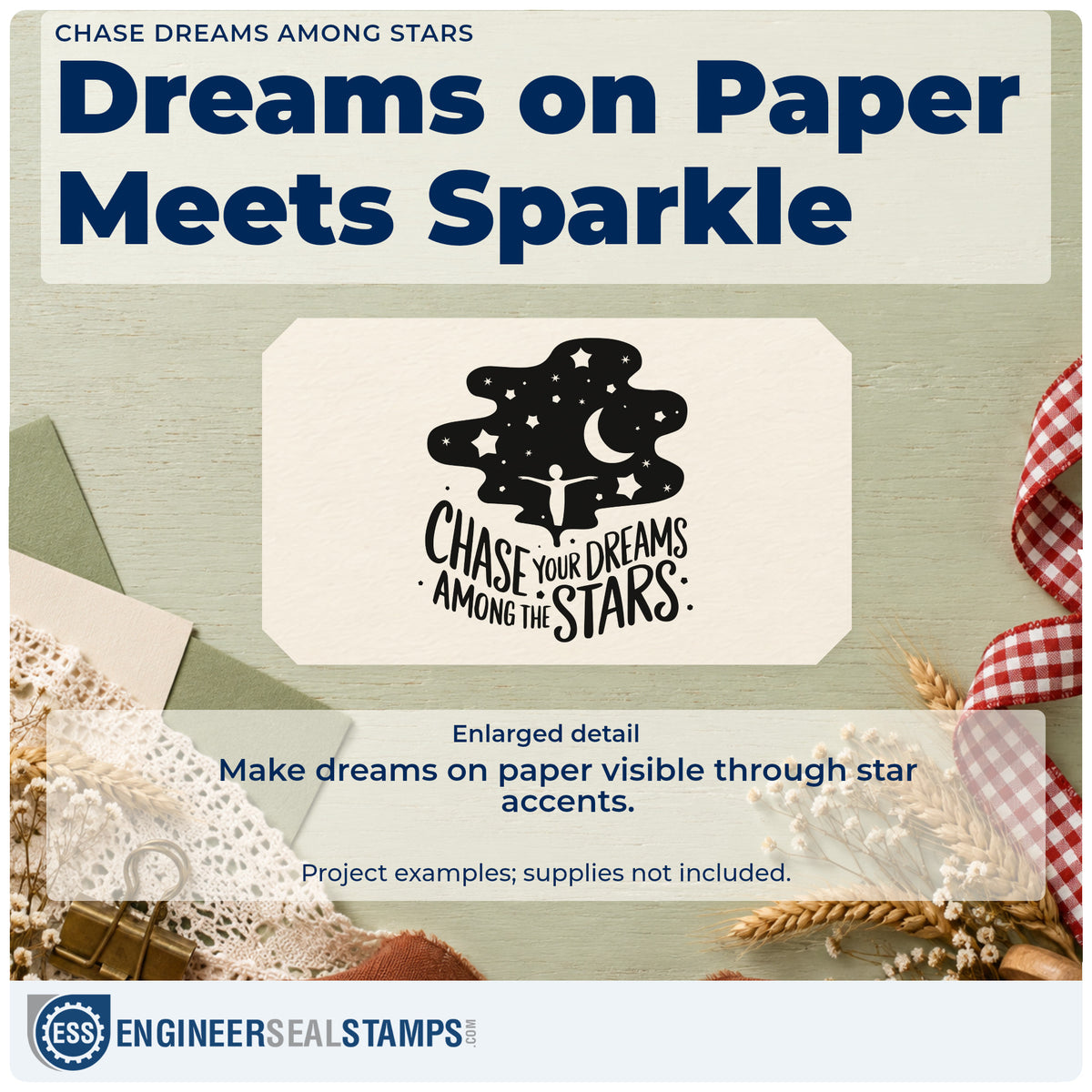 Enlarged detail of the Chase Dreams Among Stars Premium Wooden Stamp – Vintage Pro imprint. A person reaches toward a crescent moon and stars above CHASE YOUR DREAMS AMONG THE STARS.