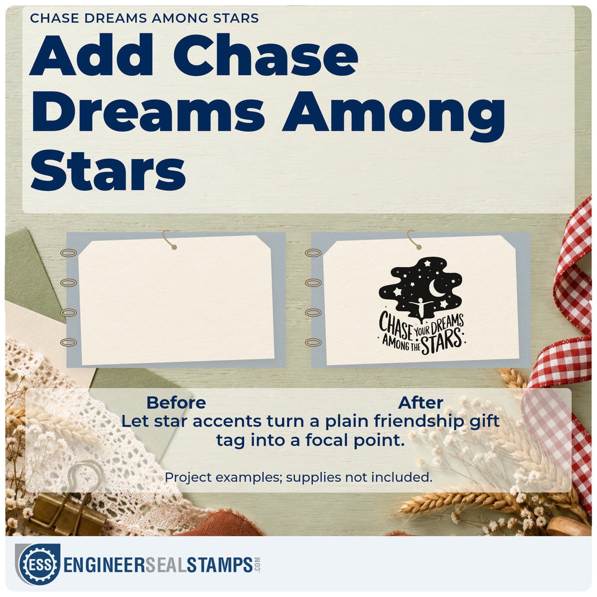 Before and after of a plain item finished with the Chase Dreams Among Stars Premium Wooden Stamp – Vintage Pro, a quick upgrade for framed dark room.