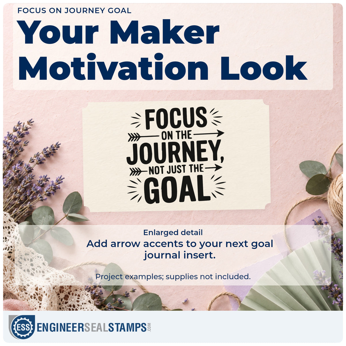 Enlarged detail of the Focus On Journey Goal Premium Wood-Mounted Stamp – Vintage Pro imprint. FOCUS ON THE JOURNEY NOT JUST THE GOAL appears with arrows and radiating marks.