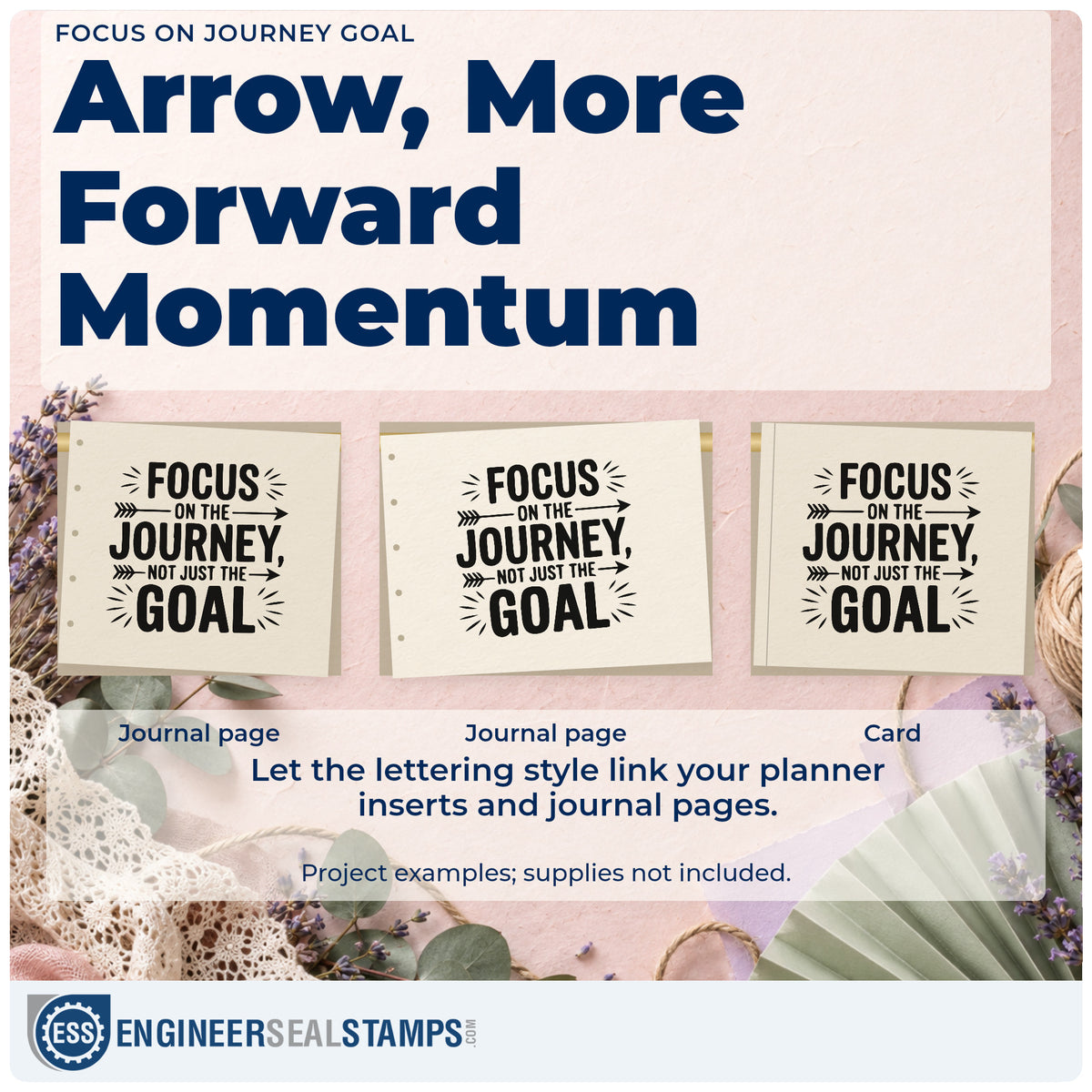Three project examples made with the Focus On Journey Goal Premium Wood-Mounted Stamp – Vintage Pro, including leg timing sheet.