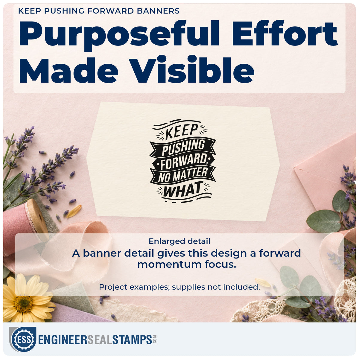 Enlarged detail of the Keep Pushing Forward Banners Ribbon Lettering Premium Wooden Stamp – Vintage Pro imprint. KEEP PUSHING FORWARD NO MATTER WHAT appears on stacked ribbon banners with decorative strokes.