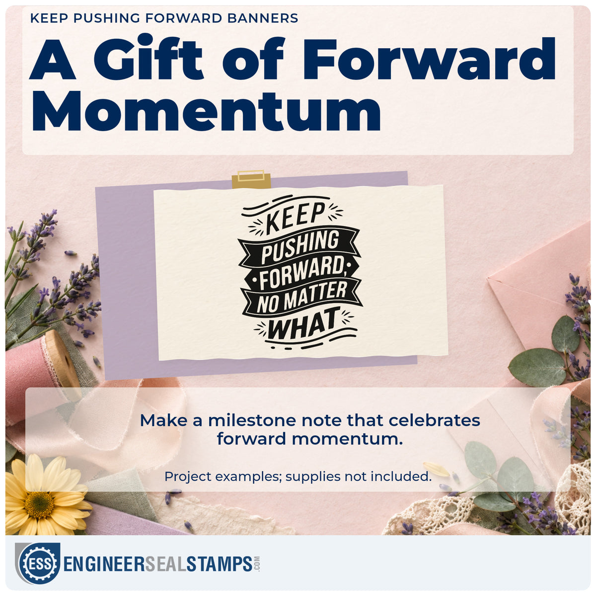 A finished handmade project stamped with the Keep Pushing Forward Banners Ribbon Lettering Premium Wooden Stamp – Vintage Pro, ideal for rugby album page.