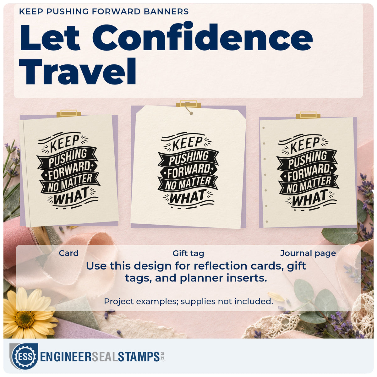Three project examples made with the Keep Pushing Forward Banners Ribbon Lettering Rubber Stamp – Duo Hand, including match result sheet.