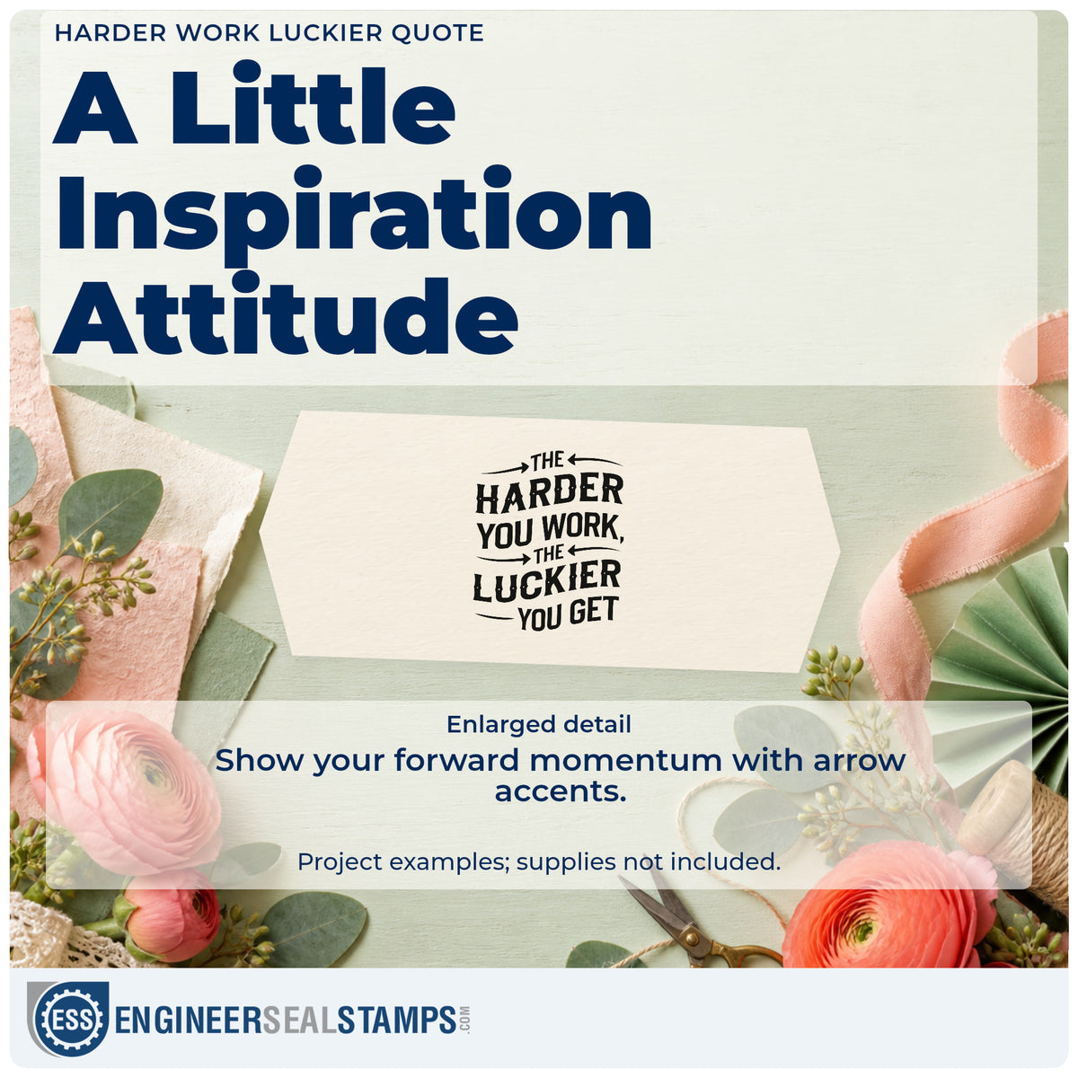 Enlarged detail of the The Harder You Work The Luckier You Get Stamp – Premium Vintage Pro Wooden imprint. THE HARDER YOU WORK THE LUCKIER YOU GET appears in bold capitals with curved arrows.