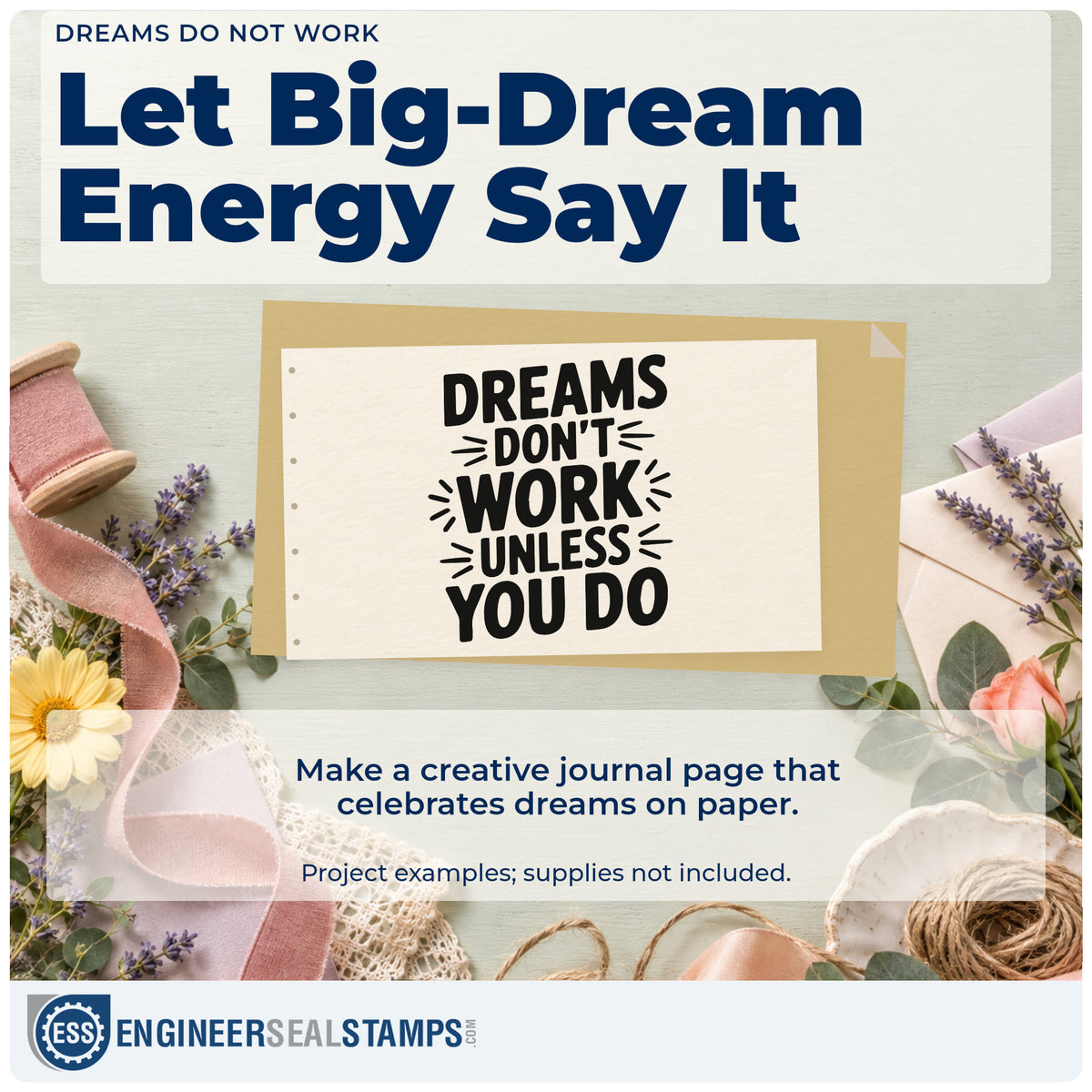 A finished handmade project stamped with the Dreams Do Not Work Premium Wood-Mounted Stamp – Vintage Pro, ideal for shop term album page.