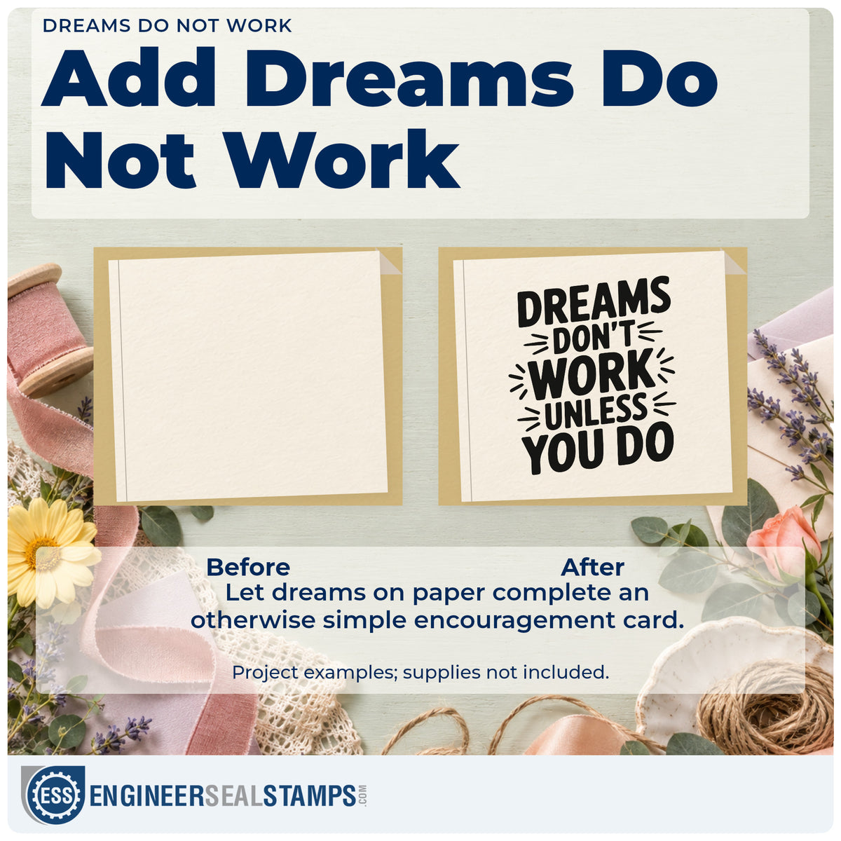 Before and after of a plain item finished with the Dreams Do Not Work Rubber Stamp – Duo Hand, a quick upgrade for framed shop bay.