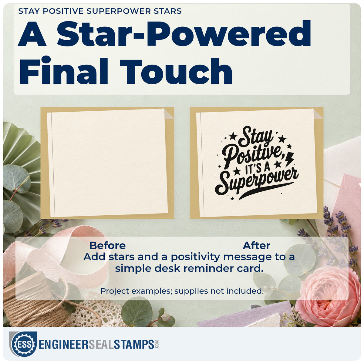 Before and after of a plain item finished with the Stay Positive It's A Superpower Premium Wooden Stamp – Vintage Pro, a quick upgrade for framed club room.