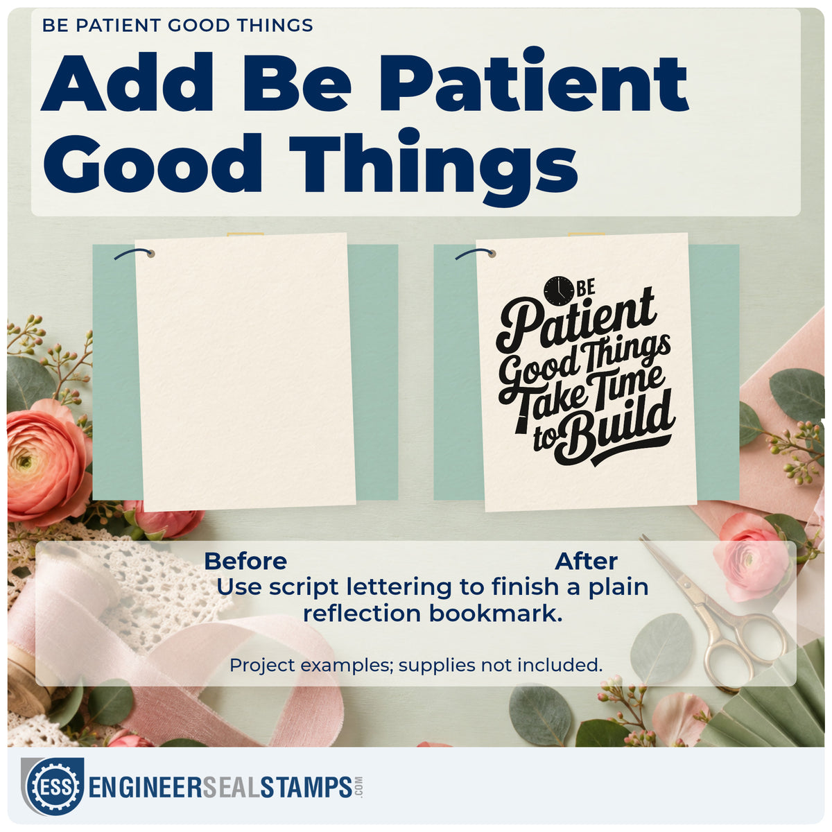 Before and after of a plain item finished with the Be Patient Good Things Duo Hand Stamp, a quick upgrade for framed hobby table.