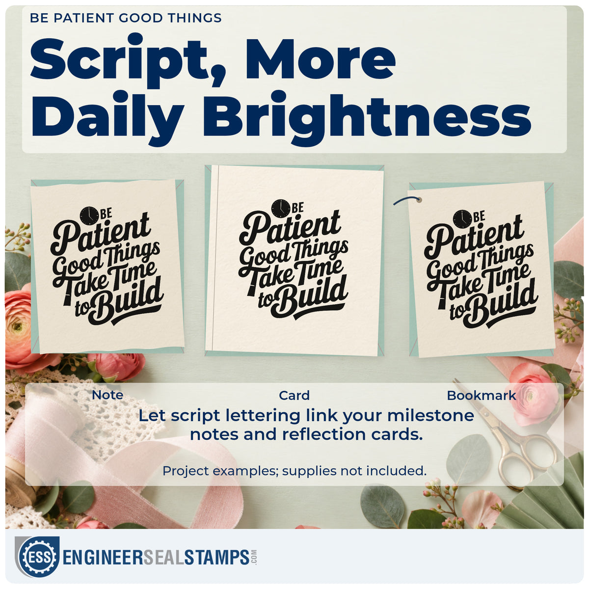 Three project examples made with the Be Patient Good Things Duo Hand Stamp, including room plan sheet.