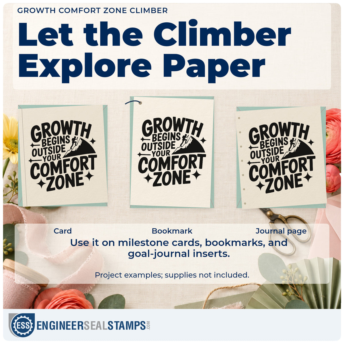 Three project examples made with the Growth Comfort Zone Climber Pre-Inked Stamp – Slim, including gear check sheet.