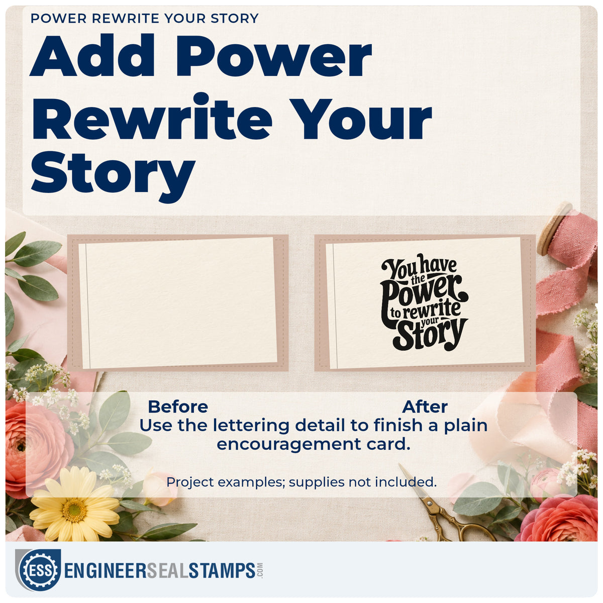 Before and after of a plain item finished with the Power Rewrite Your Story Premium Wooden Stamp – Vintage Pro, a quick upgrade for framed practice corner.