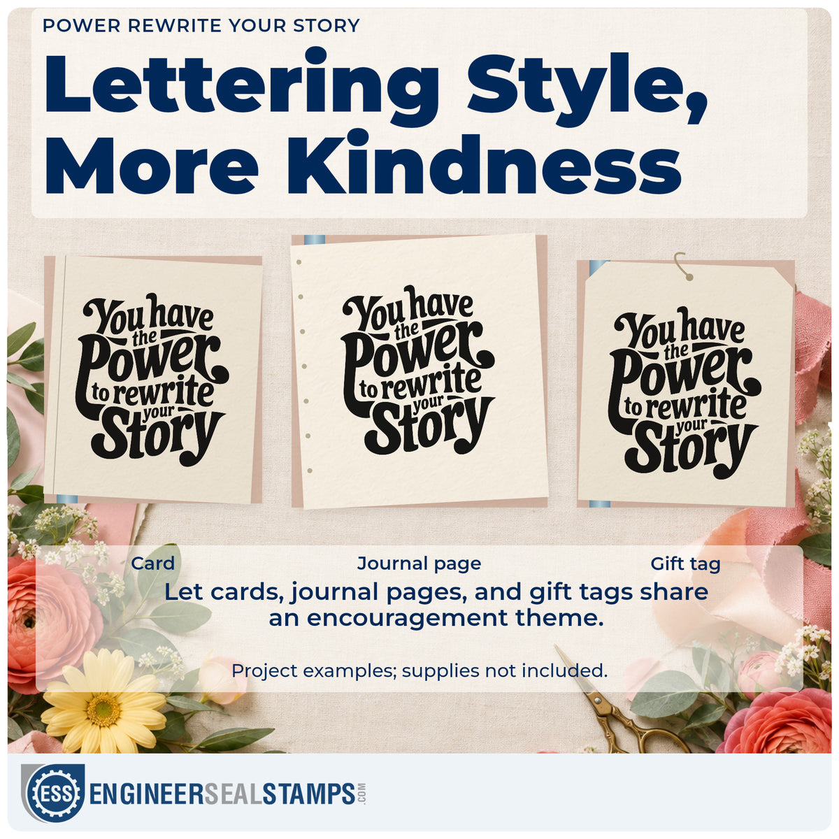 Three project examples made with the Power Rewrite Your Story Premium Wooden Stamp – Vintage Pro, including note drill sheet.