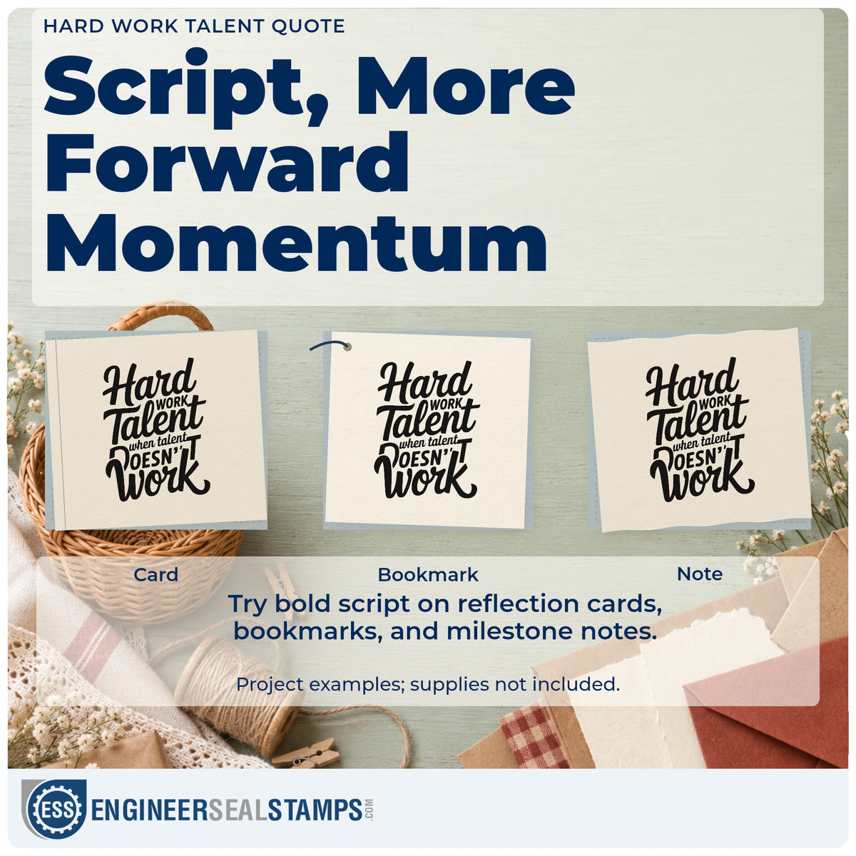 Three project examples made with the Premium Wooden Hard Work Talent Word Art Stamp – Vintage Pro, including game stat sheet.