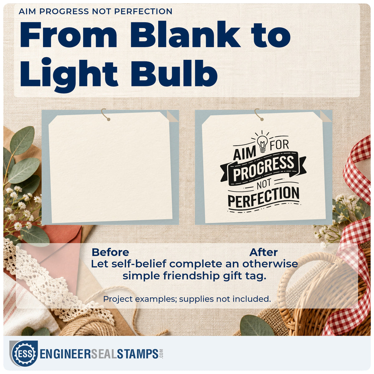 Before and after of a plain item finished with the Aim For Progress Not Perfection Stamp – Duo Hand, a quick upgrade for framed homework nook.