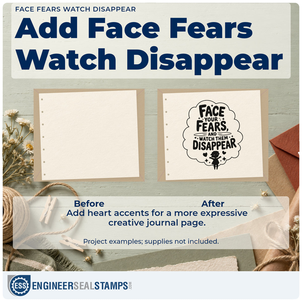 Before and after of a plain item finished with the Face Fears Watch Disappear Premium Wood-Mounted Stamp – Vintage Pro, a quick upgrade for framed hall shelf.