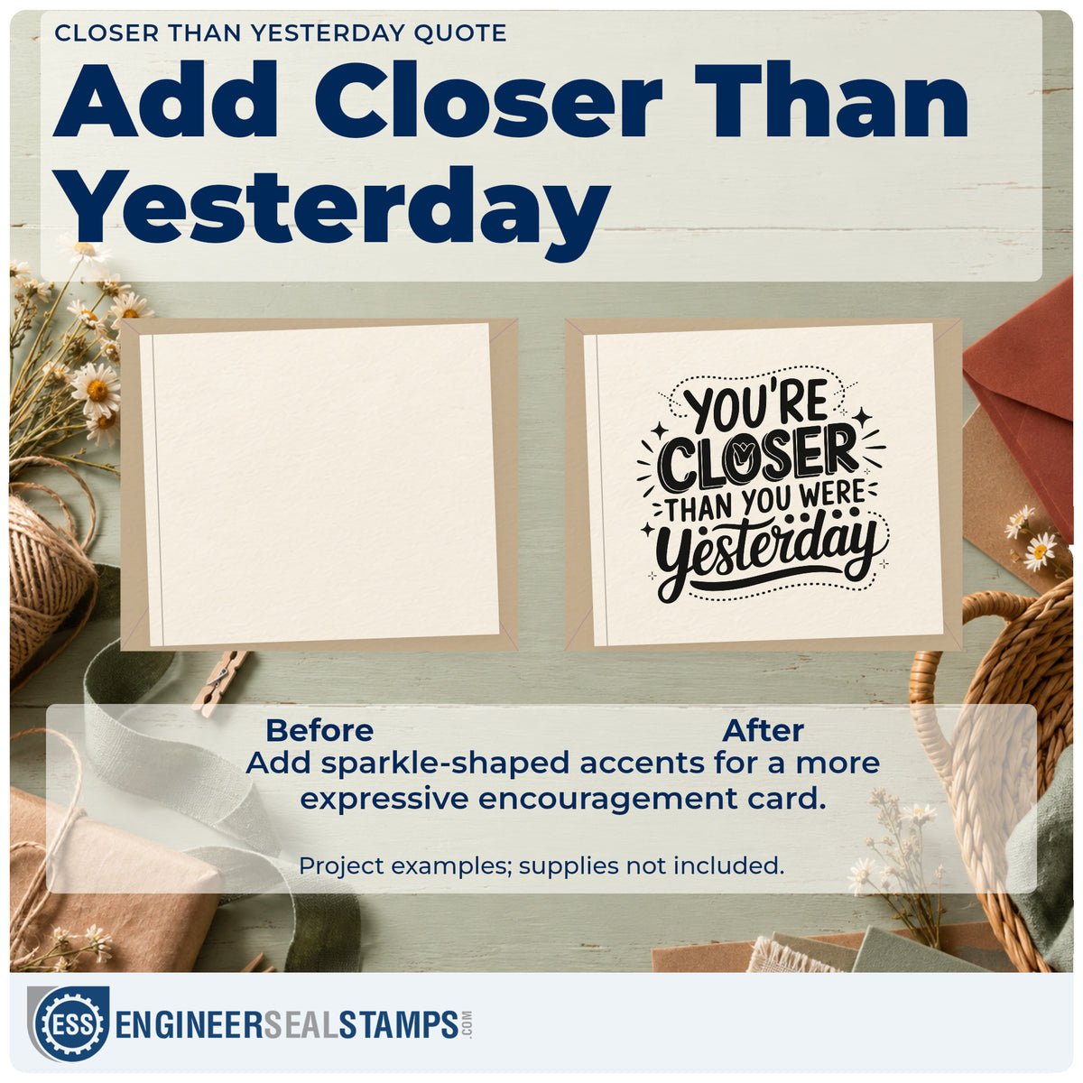 Before and after of a plain item finished with the You're Closer Than You Were Yesterday Rubber Stamp – Wood Handle, a quick upgrade for framed fridge door.
